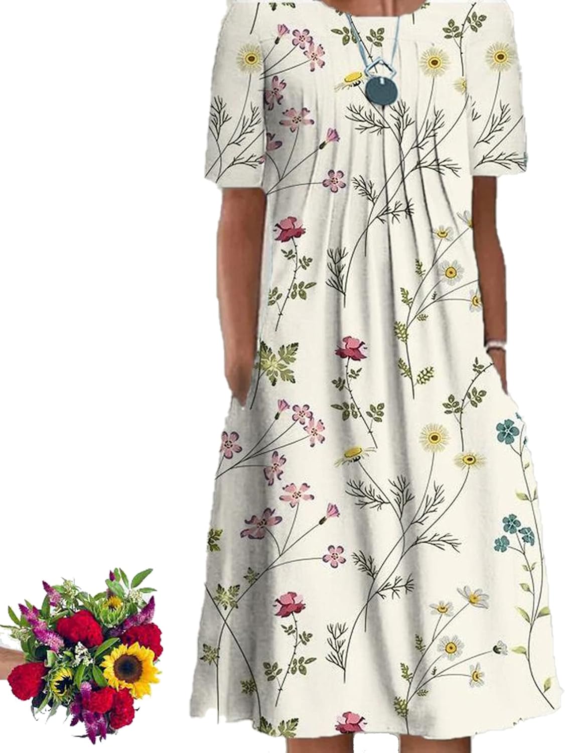 Deuyo Dresses for Mature Ladies,Casual Loose Floral Crew Neck Print Pleated Midi