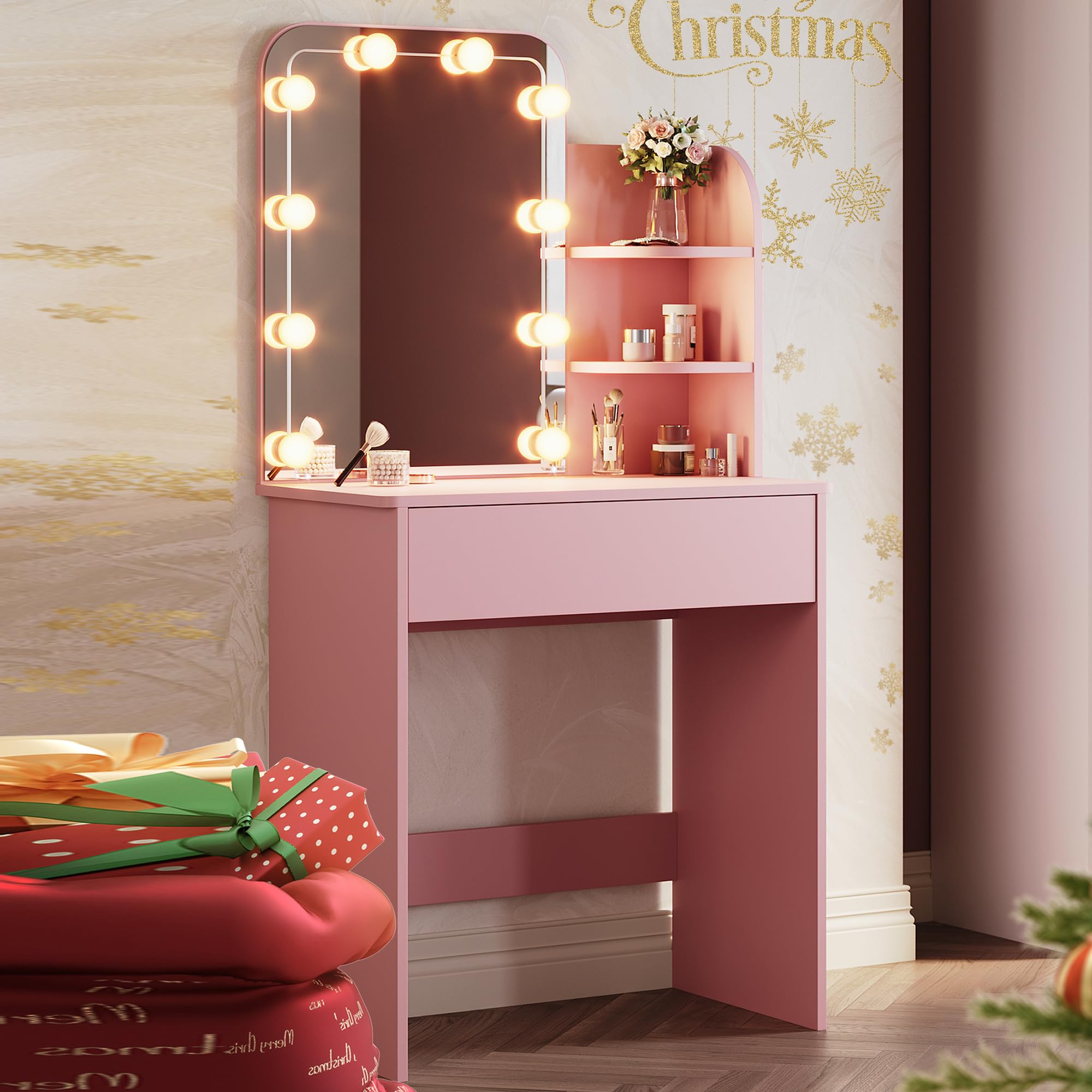 MiaJJooLi Set da toletta, set da trucco con specchio LED e sedia a 3 colori, tavolo da toeletta con 5 cassetti, set da toeletta con ripiani