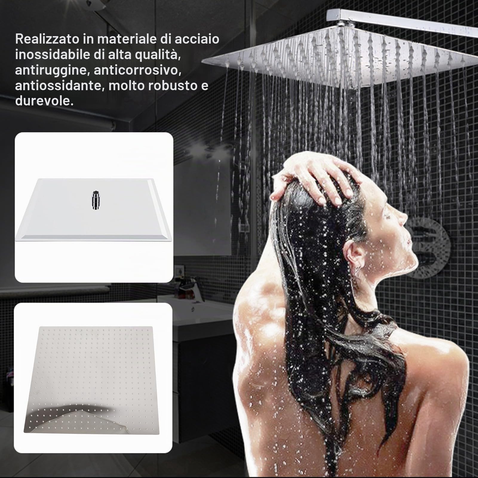 Soffione doccia a pioggia da 20 pollici, soffione doccia a pioggia da incasso, soffione doccia in acciaio inox, quadrato, 50 x 50 cm