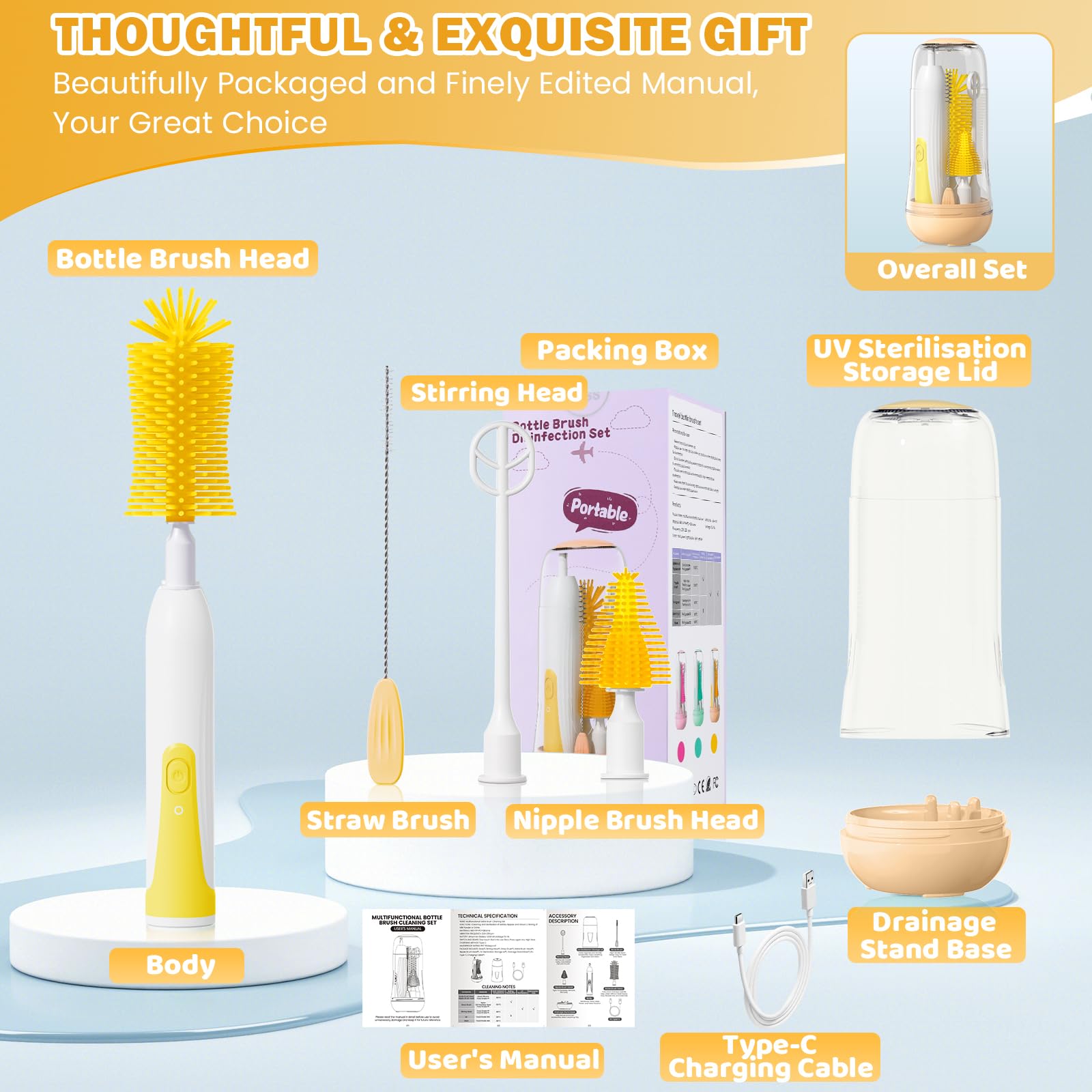 Orzbow Set Scovolino Biberon Elettrico Portatile, Sterilizzatore, Schiumalatte, Spazzola Ciuccio e Cannuccia, Accessori Neonato Utili, Giallo Vibrante