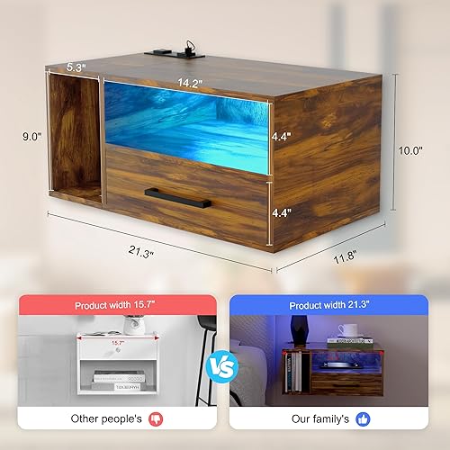 Miniatura 2 de Mesita de noche con estación de carga y tiras LED, mesa de 21.3 pulgadas con cajones, mesita de noche flotante con puertos USB y tomas, muebles de