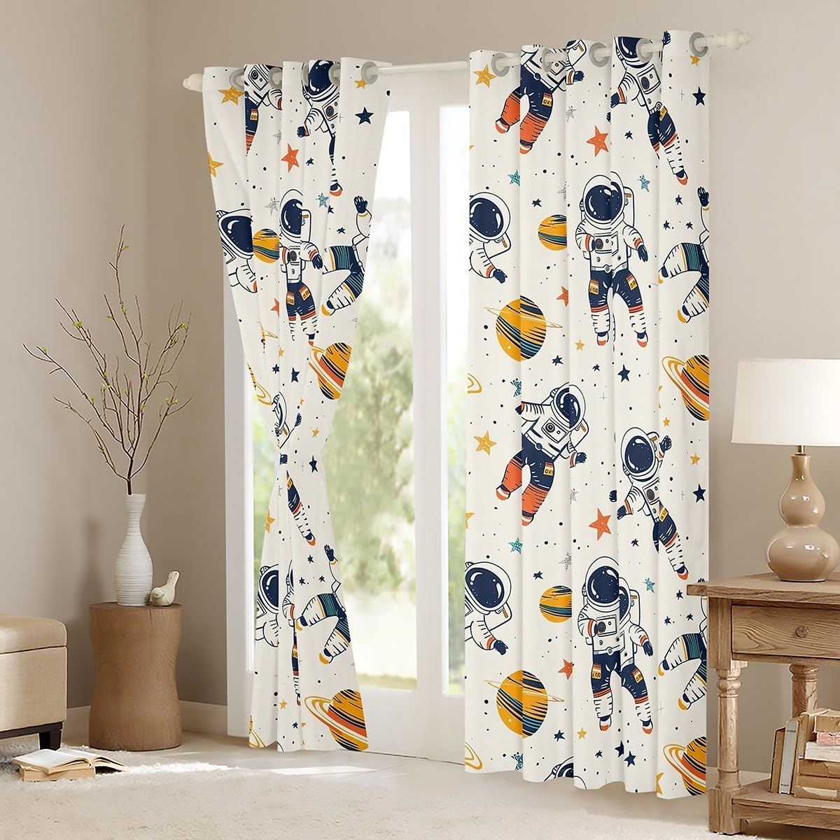 Homemissing Kids Astronaut Planet Stars Printed Curtains (2 Panels,W46*L54) For Boys Girls Bedroom Living Room Cartoon Outer Space 30%-50% Room Darkening Blackout Curtains Window Treatments - Image 3