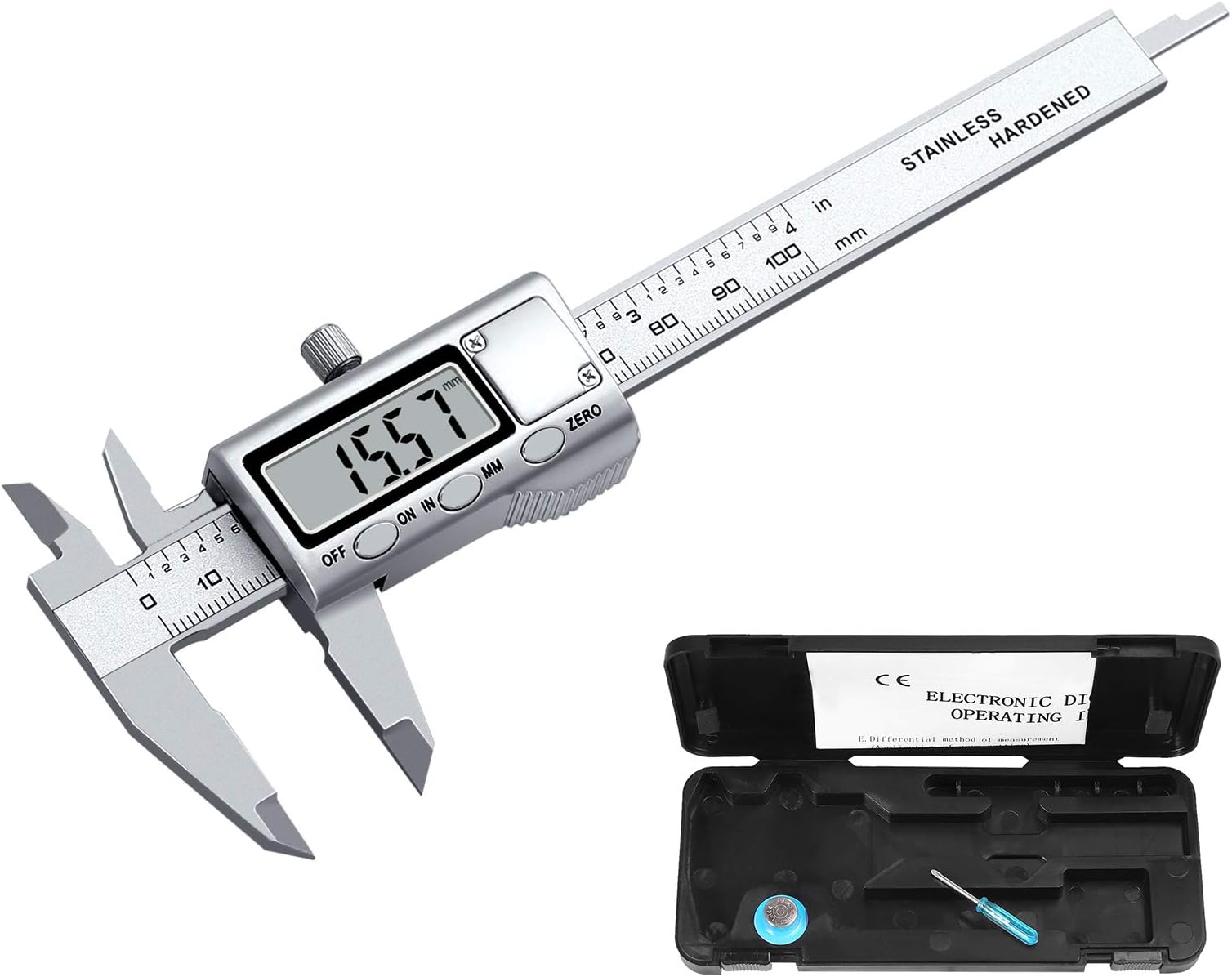 Neoteck Digital Vernier Caliper Stainless Steel Electronic Caliper Fractions/Inch/Metric Conversion Measuring Tool for Length Width Depth Inner Diameter Outer Diameter (100mm/4 Inch)