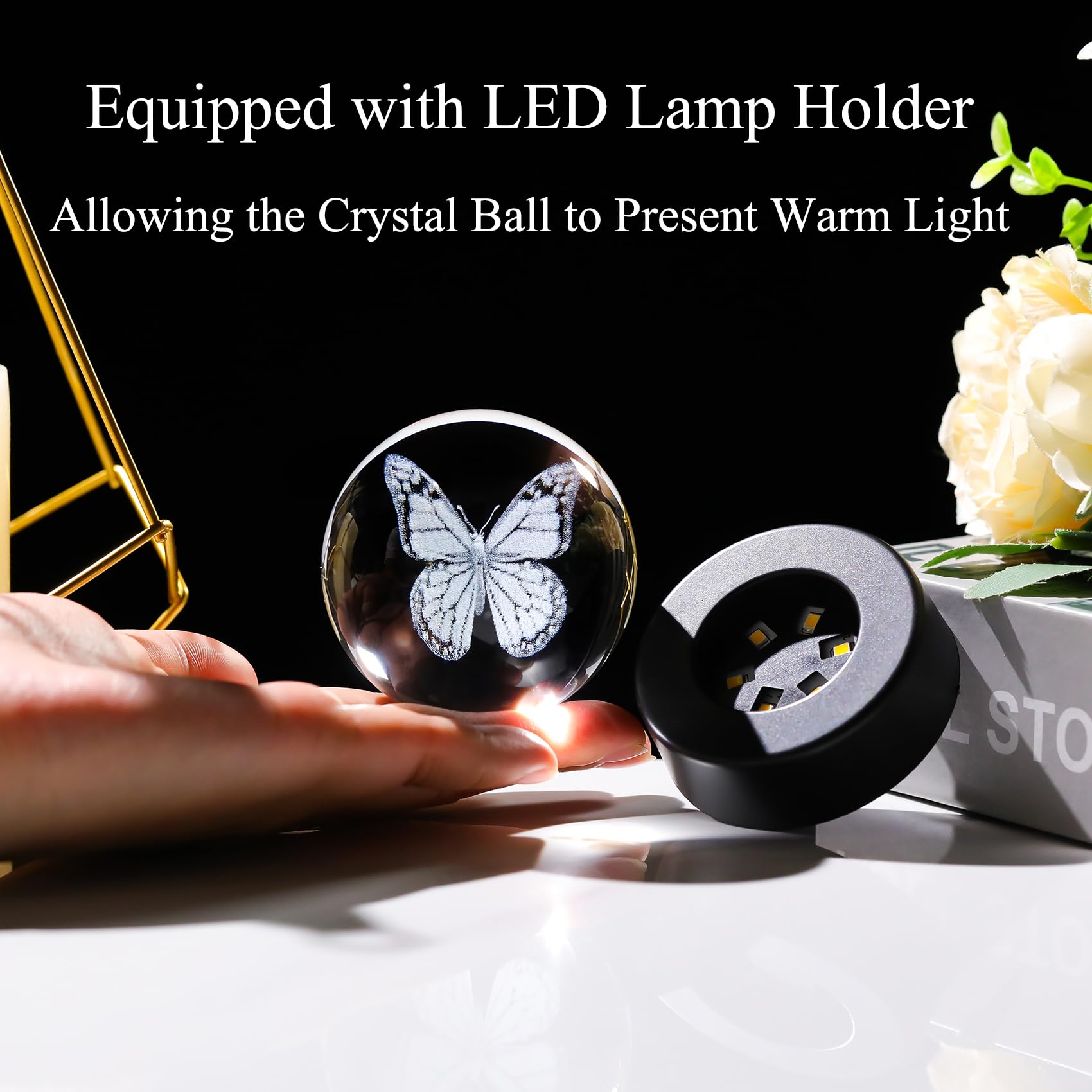 2.36in. 3D Cute Butterfly Crystal Ball Gifts for Women Girlfriend, K9 Crystal Decorative Ball Engraved Butterfly Paperweight with LED Light Base for Home Office Decoration for Birthday Christmas