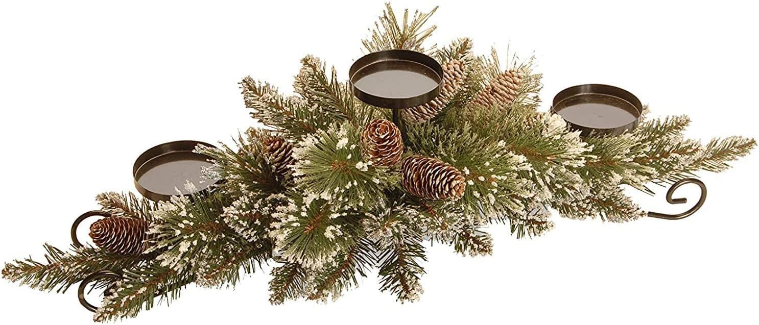 National Tree Company Artificial Christmas Centerpiece | Includes 3 Candle Holders, Red Berries, Pine Cones and Steel Base | Glittery Pine – 30 Inch