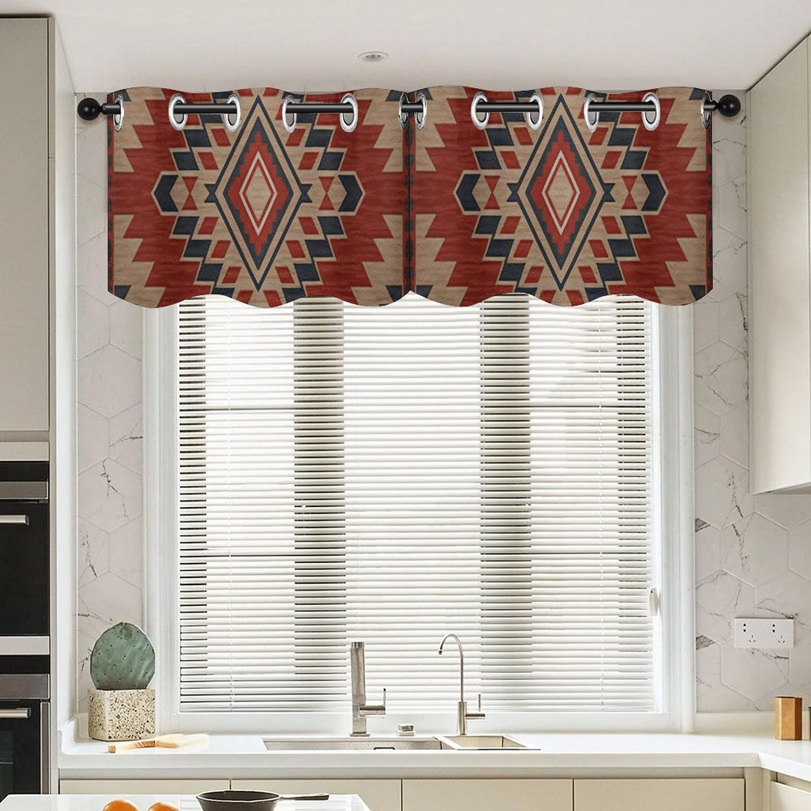 Cenefas geométricas de estilo étnico para ventanas, juego de dos cortinas cortas rústicas