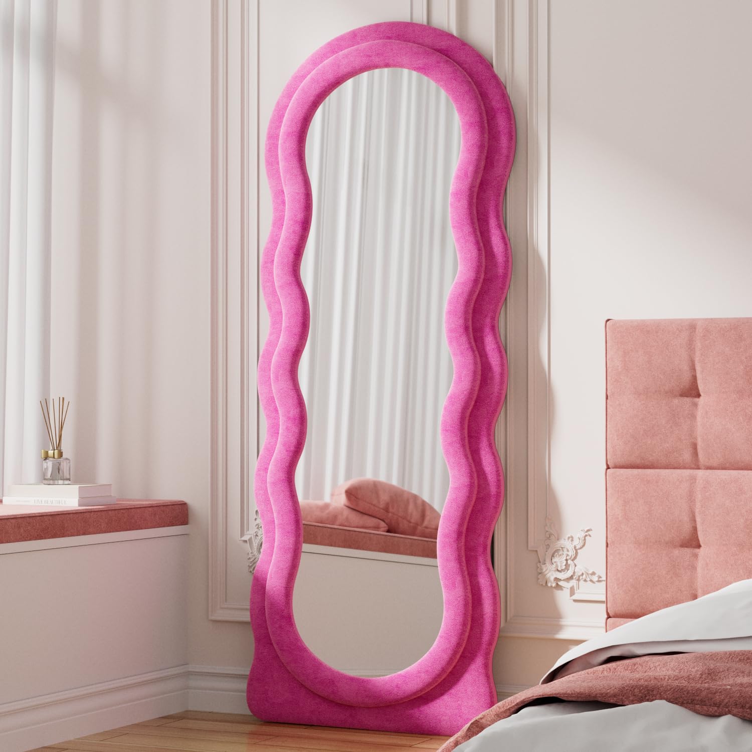 Full Length Mirorr, 63"x24" Mirror Full Length, Irregular Wavy Mirror, Wall Mounted Mirror, Standing Floor Mirror with Flannel, Body Mirorr Hanging or Leaning Against Wall for Bedroom (Pink)