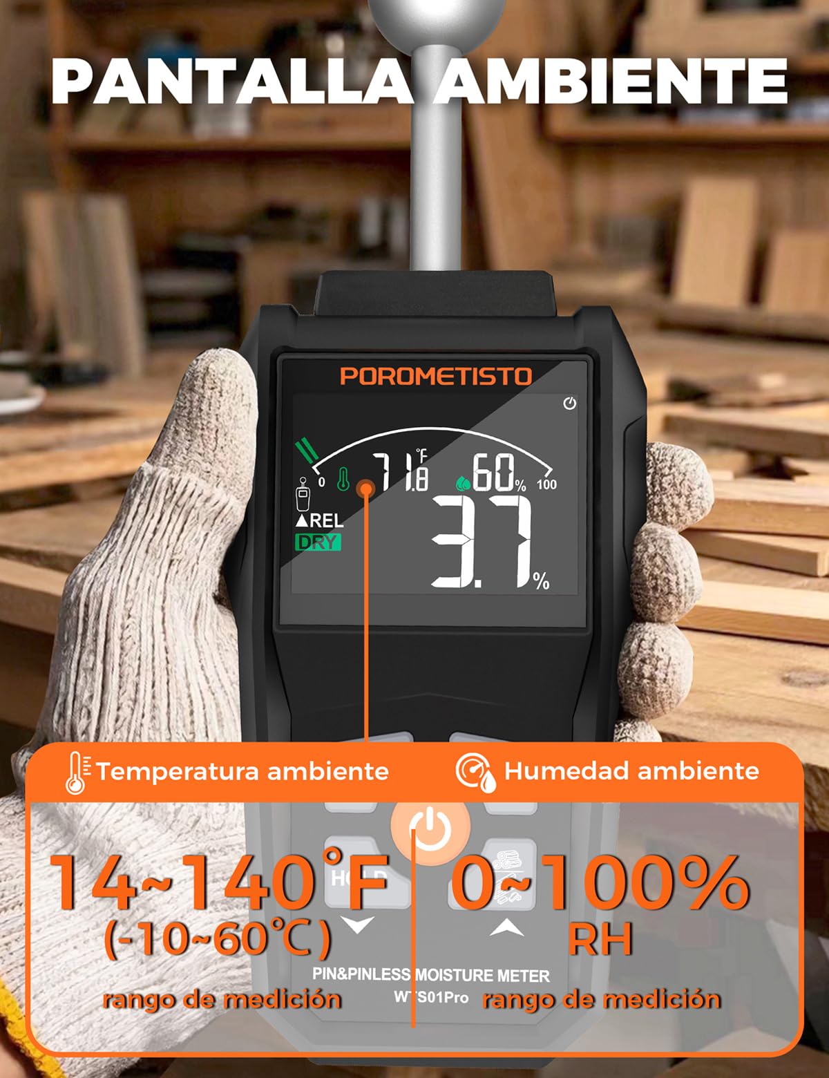 2 EN 1 POROMETISTO Medidor De Humedad WTS01PRO | Pin & pinless pared humedad, escaneo 20-40mm sin daños, mide temp./humedad ambiente. Para madera, paredes, parque
