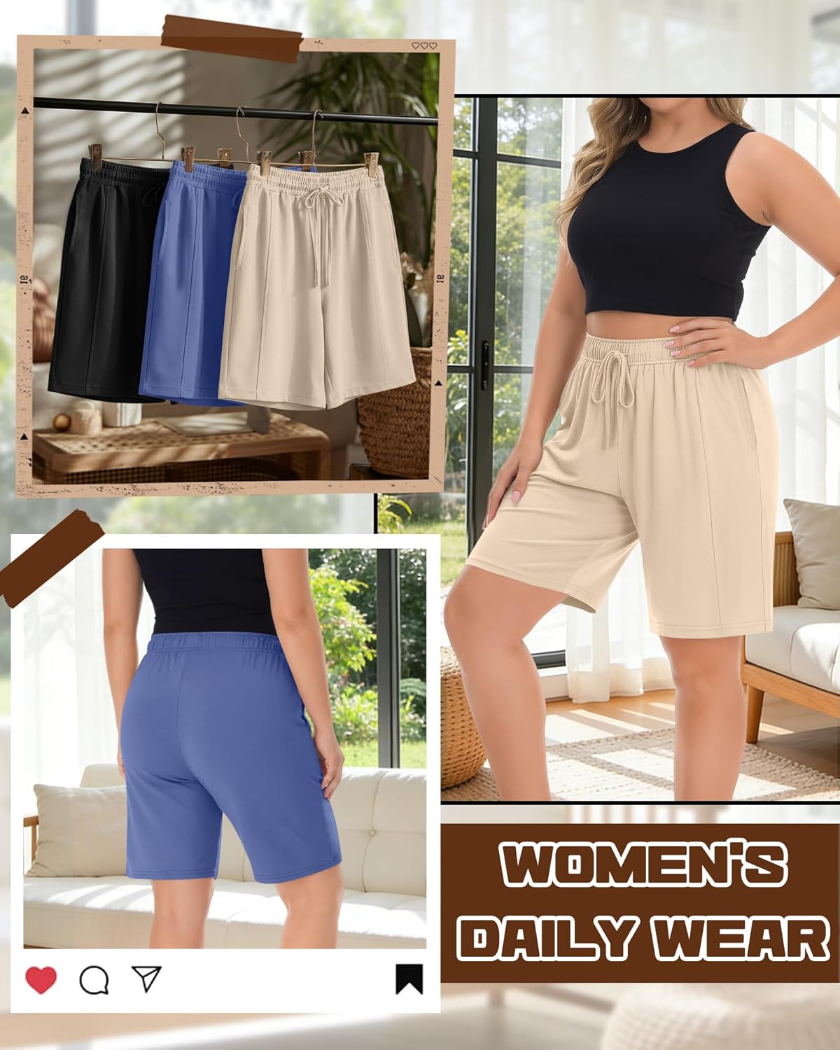 3 Pack Women's Plus Size Bermuda Shorts Wide Leg Elastic Drawstring Athletic Shorts Yoga Pants with Pockets