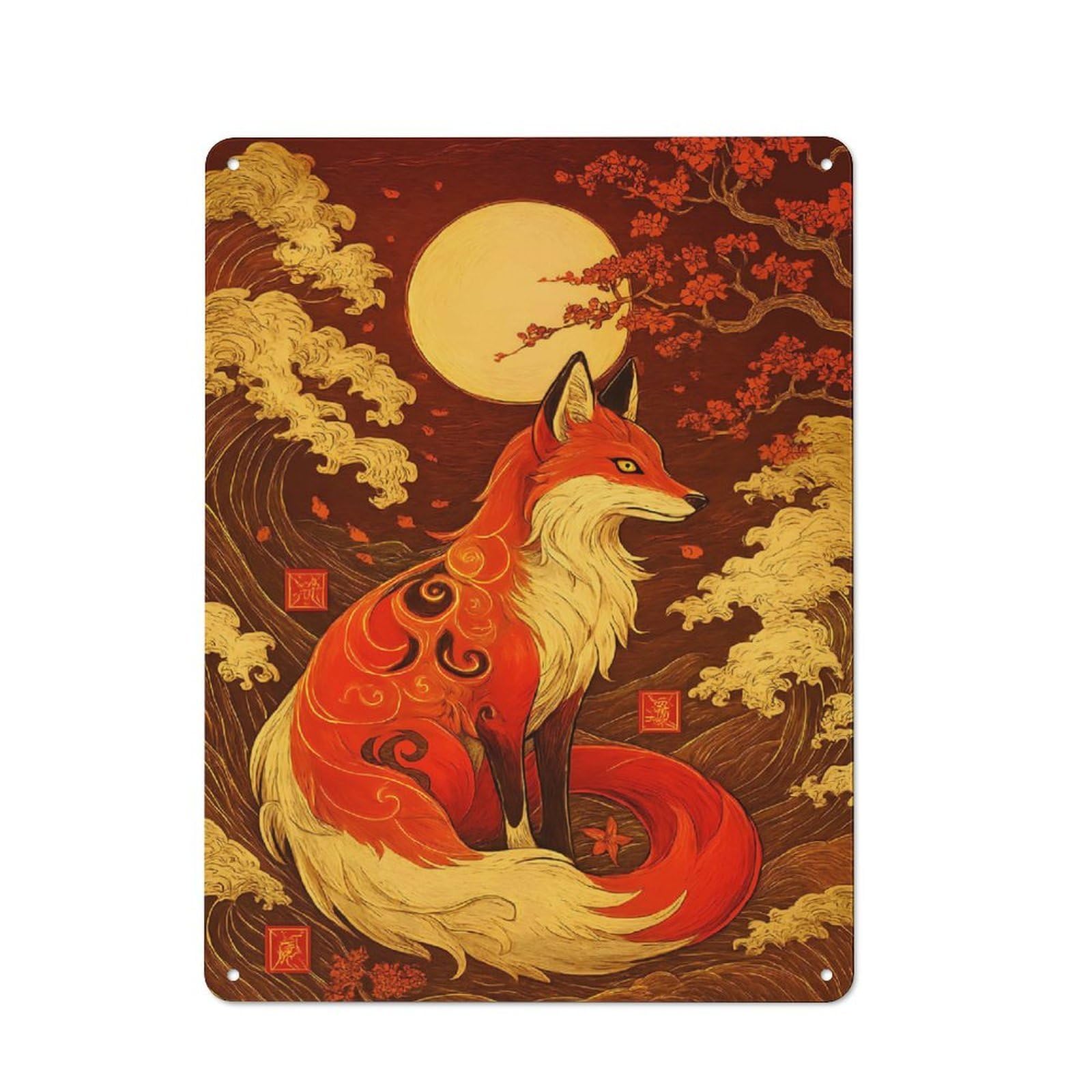 Junmoney Style-19 Fox In Japanese Art Rustic Tin Sign 40X30cm For Pub Or Café, For Collectors Building A Themed Wall Display