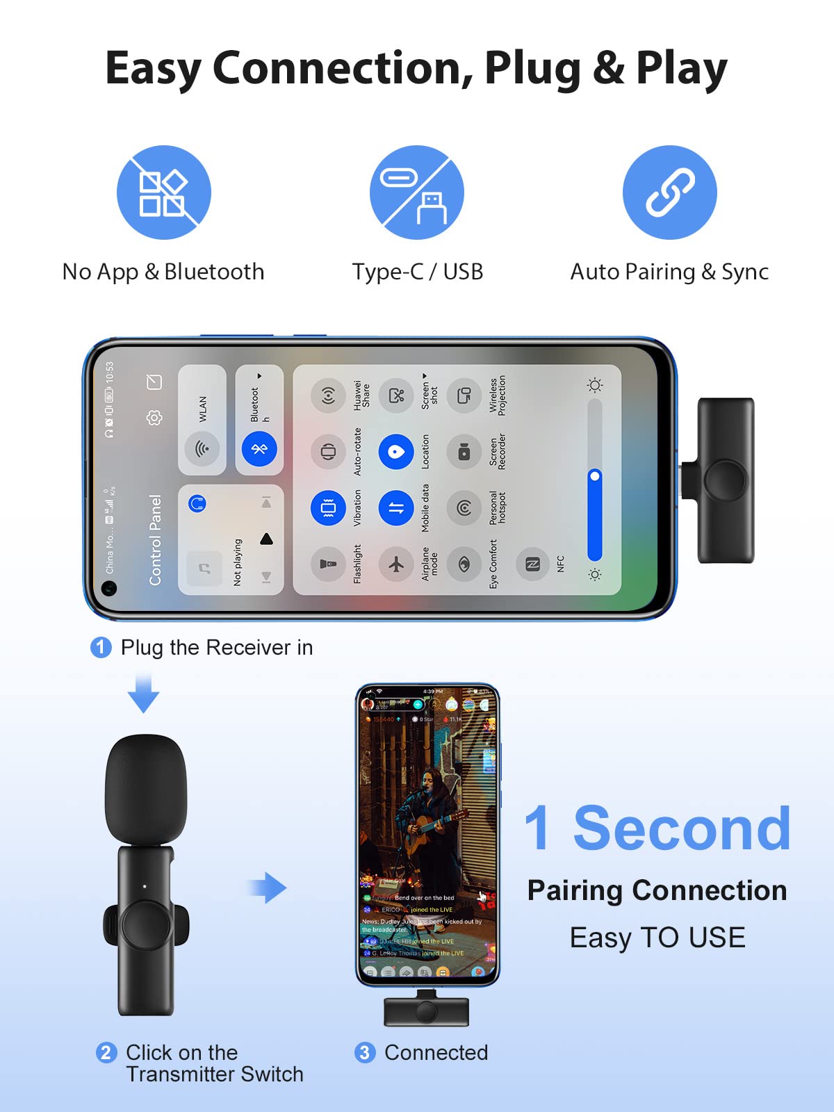 Bezprzewodowy mikrofon krawat, Gimpro MS1 (C) 2,4 GHz【TYP C-USB】Mikrofon krawat do telefonu komórkowego Wtyczka i odtwarzanie do telefonu Andriod Vlog Wywiad na żywo Tiktok Youtube, mikro krawat bez