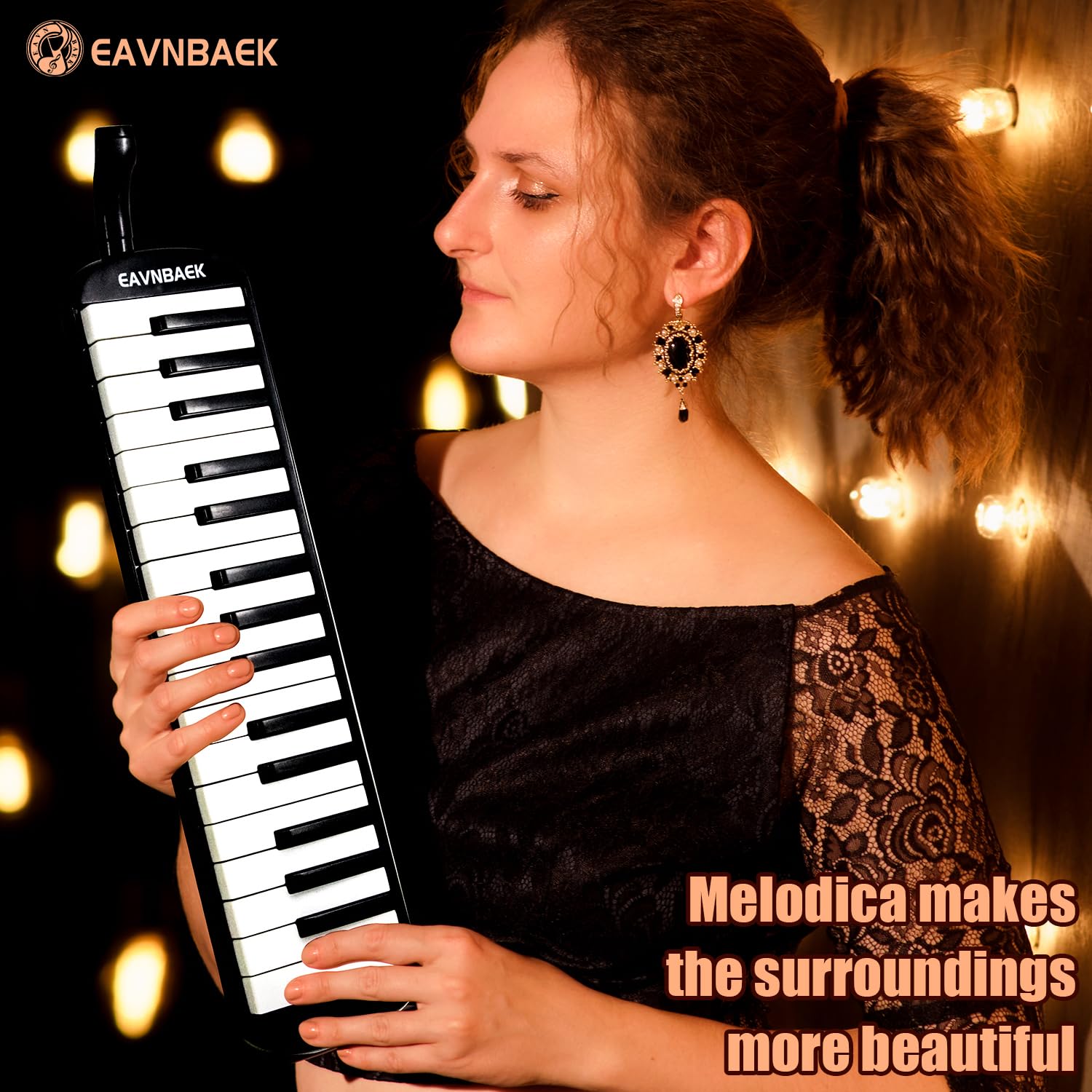 Eavnbaek Melodica Instrumento profesional, teclado de piano de aire, instrumento musical con boquilla corta y bolsa de transporte (32 teclas, negro)