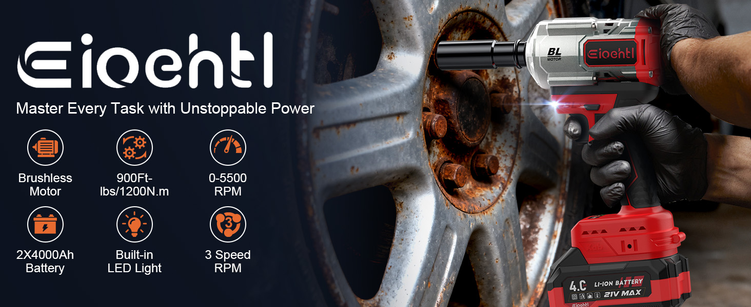 Cordless 1/2" Impact Wrench Kit – 650Nm (480Ft.lb) Brushless Motor, 2x4.0Ah Batteries, Fast Charger, 6 Sockets & Toolbox Included