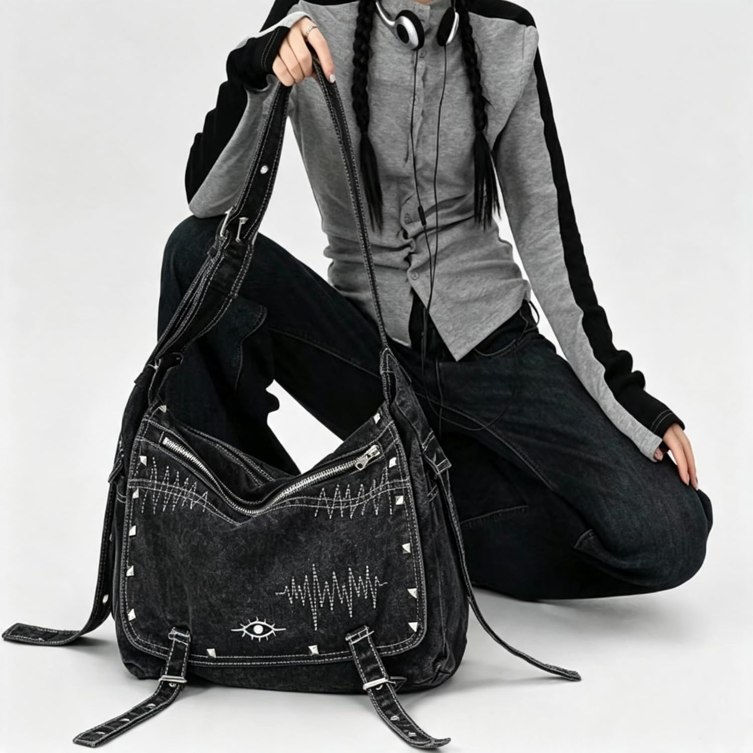 Generico Borsa Denim A Spalla, Borsa Hobo Da Donna Di Grandi Dimensioni In Tela Effetto Vissuto – Indossabile A Spalla O A Mano – Caratterizzata Da Borchie In Stile Punk Y2K