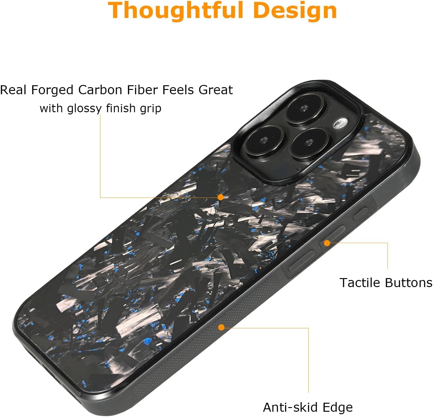 molzar Grip Series for iPhone 15 Pro Case with Real Forged Carbon Fiber, Grippy Edges Design, Built-in Magnets, Compatible with MagSafe Chargers and Accessories, Glossy Black/Blue