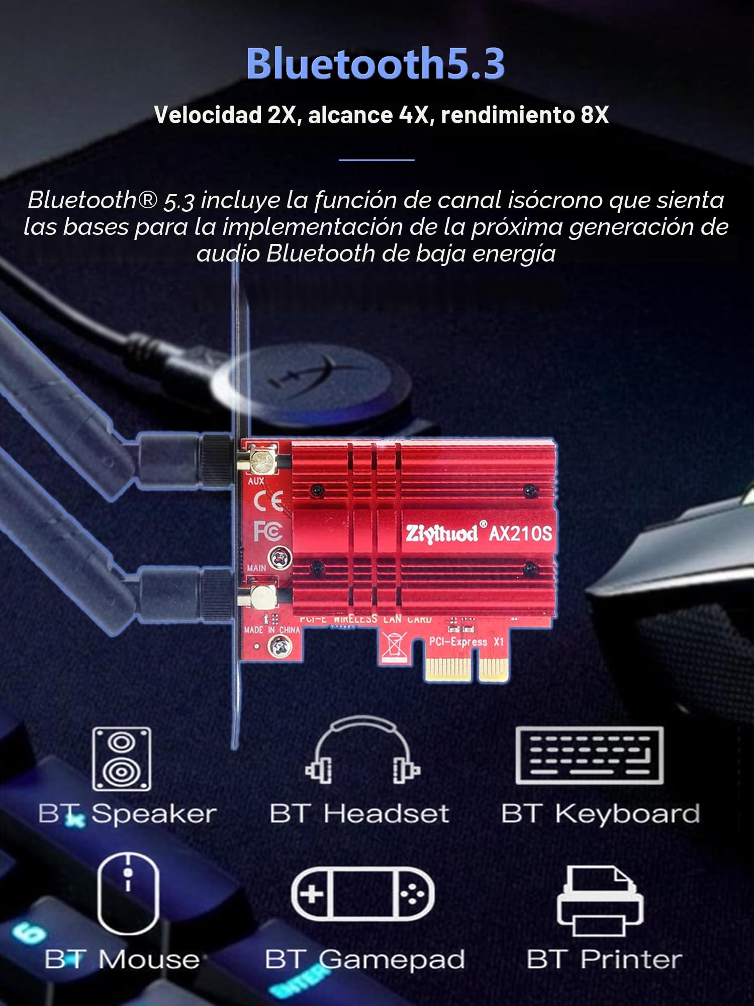 WiFi 6E Tarjeta WiFi Intel AX210 PCIe | Bluetooth5.2 | hasta 5400Mbps | Tri-Bands(6GHz/5GHz/2.4GHz) | OFDMA,MU-MIMO,Heat Sink | para Windows 11/10(64Bit)