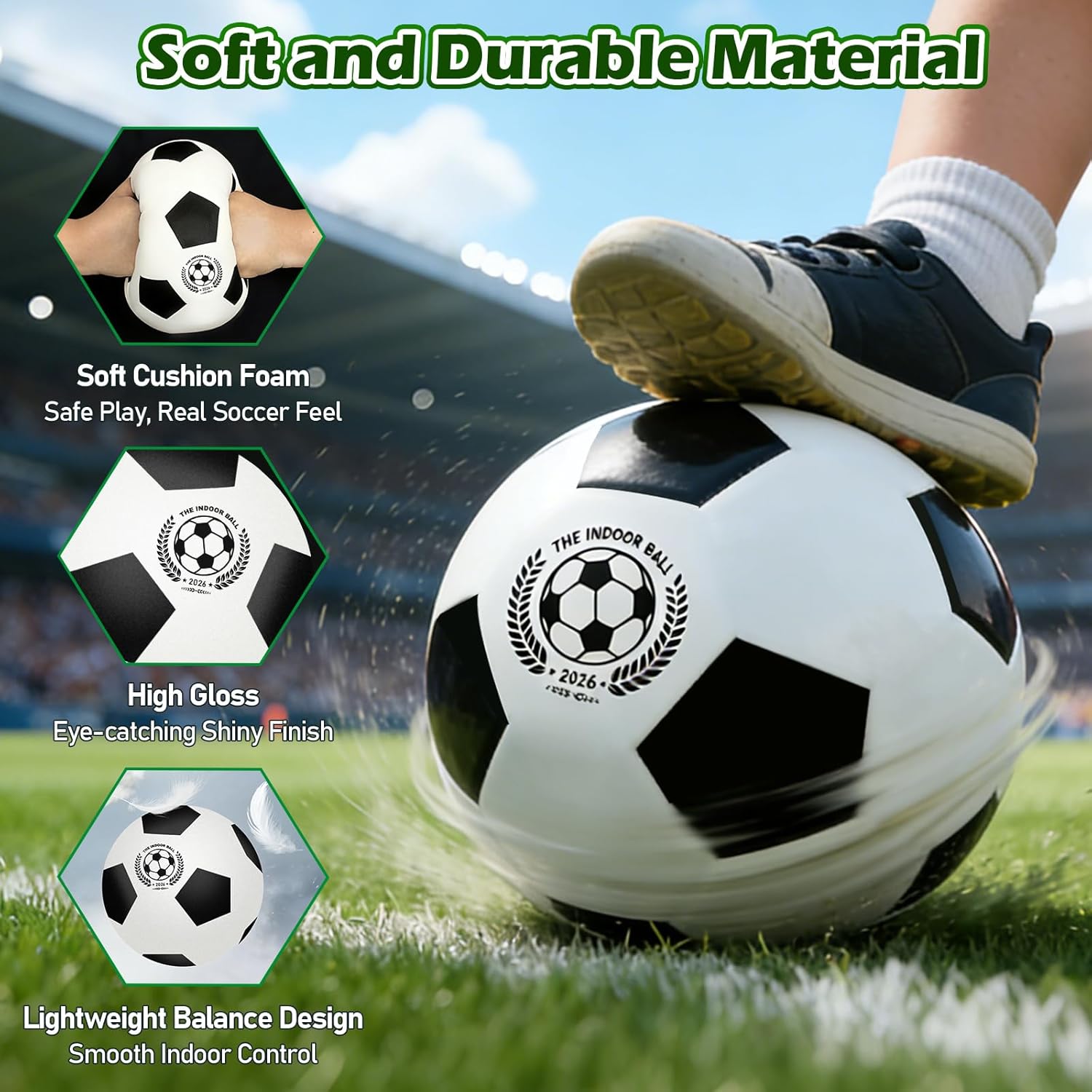juman Silent Foam Soccer Ball Size 5, Airless Indoor Soccer Ball with Backpack, Soft Durable Foam Design, Lightweight House Ball for Dribbling & Footwork Practice, Soccer Gift for Boys, Girls & Fans - Image 8