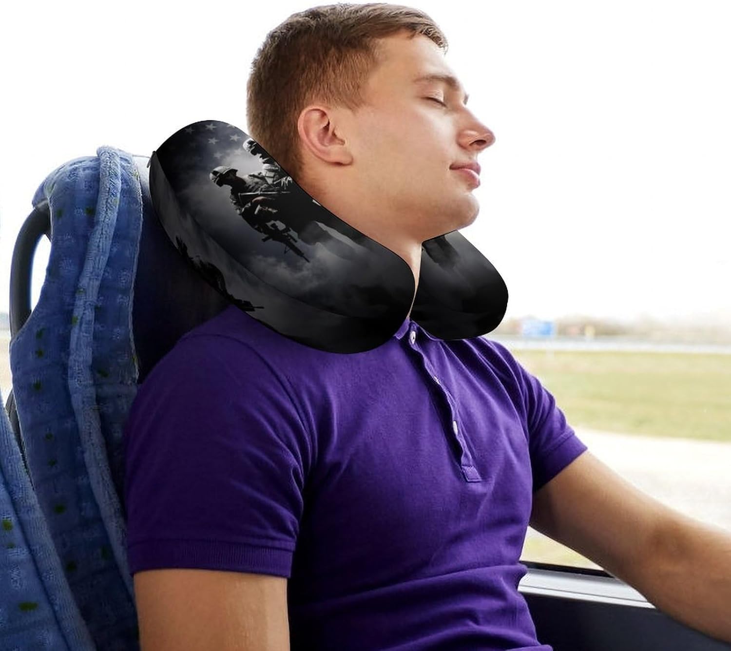 Grunge American Army Soldiers with Flag U Shaped Neck Pillow Portable Travel Airplane Headrest Pillow Lightweight Support Pillow Cushion