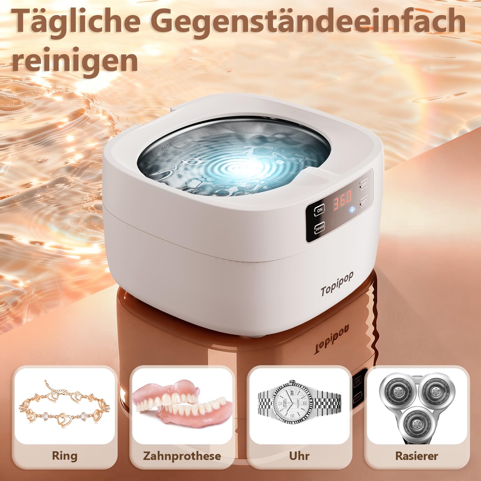 Topipop Ultraschallreinigungsgerät, 48000Hz Brillenreinigungsgerät | 750ml Ultraschallreiniger, Professional Ultrasonic Cleaner zum Reinigen von Brillen, Uhren, Ringen, Rasierklingen (White)