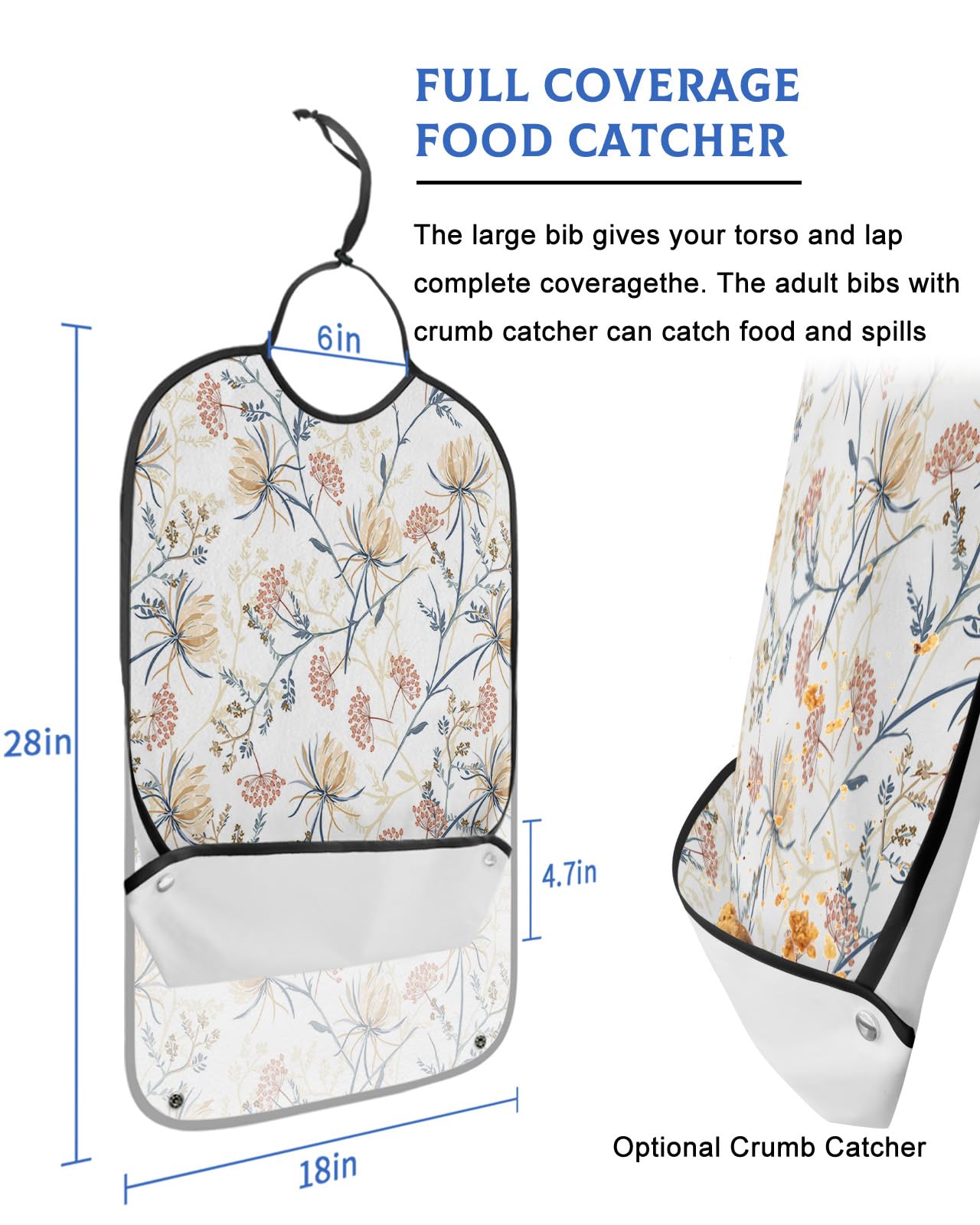 Spring Flowers Adult Bibs for Eating, Waterproof Bibs with Food Catcher & Adjustable Snap Closure, Blooming Orange Floral Green Leaf Washable Clothing Protectors Adult Bibs for Elderly Women/Men