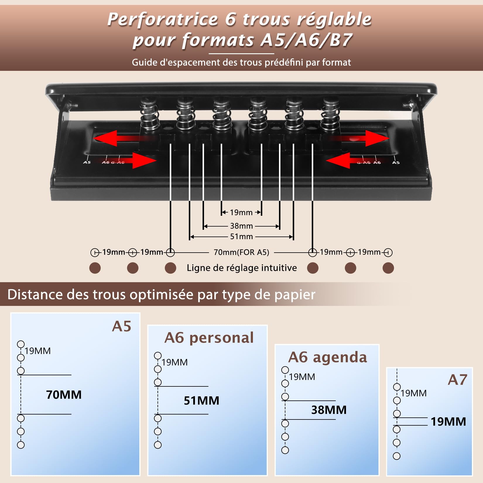 Perforateur en Métal Réglable à 6 Trous, A5 A6 A7 6 Ring Punch Avec Marque de Positionnement, 6 Capacités de Feuille Perforateur Pour Planificateur, Personnel, Recharge de Pages de Classeur