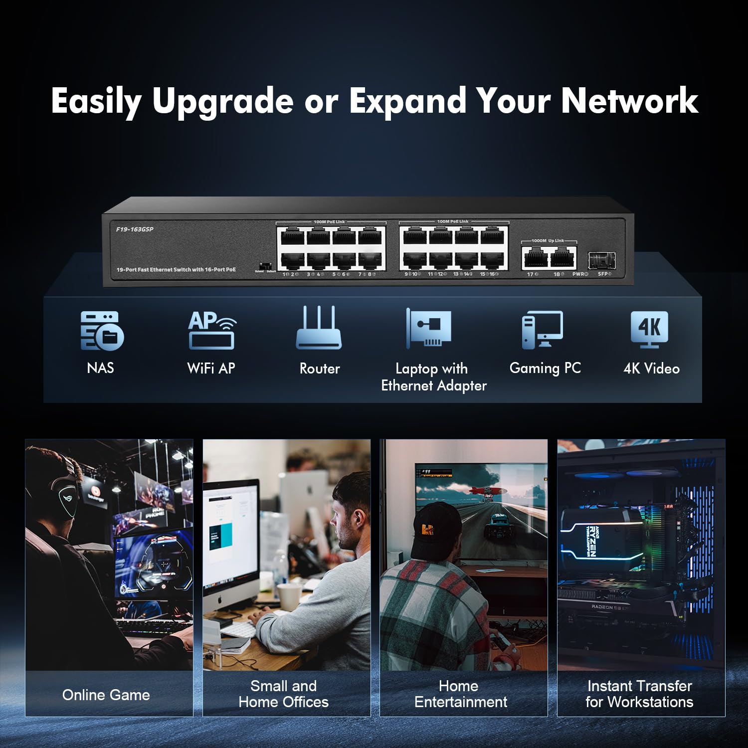 Binardat 19 Port POE Switch, 16 Ports POE+ 100Mbps, 2 Gigabit Uplink, 1 Gigabit SFP, IEEE802.3af/at, 300W Internal Power Supply, Metal Case Unmanaged Plug and Play