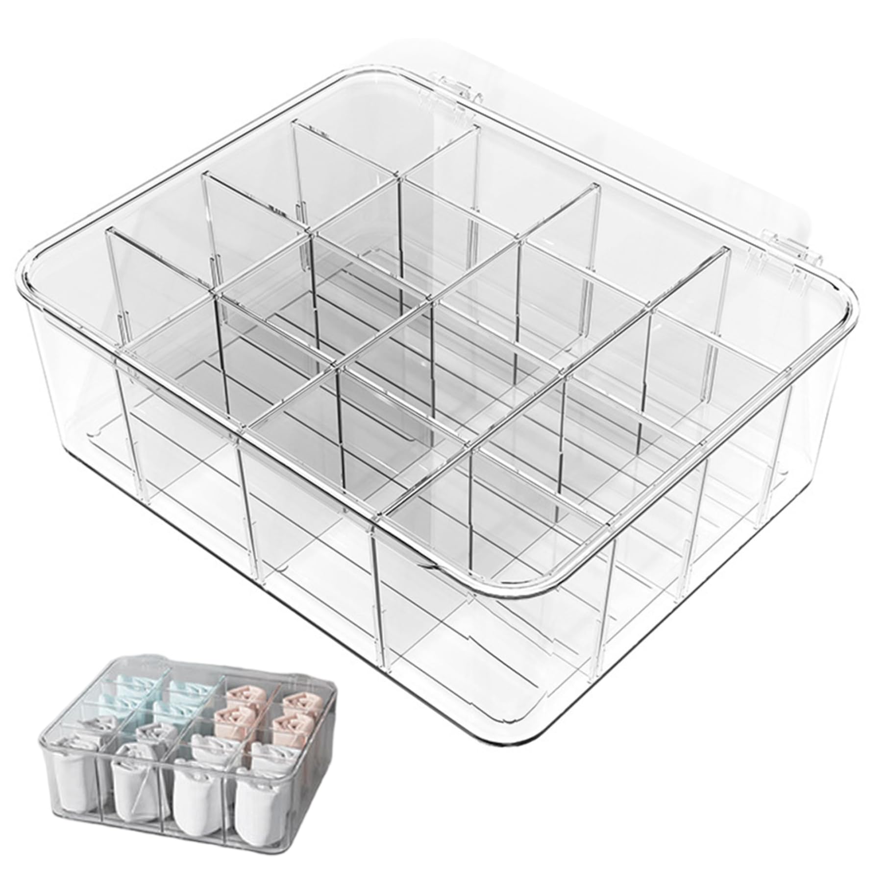 Nukinp Underwear Organizer, 16 Compartments Clear Plastic Underwear Organizer 12x10x4 Stackable Storage Bins for Bras, Socks, Scarves, Ties and Belts