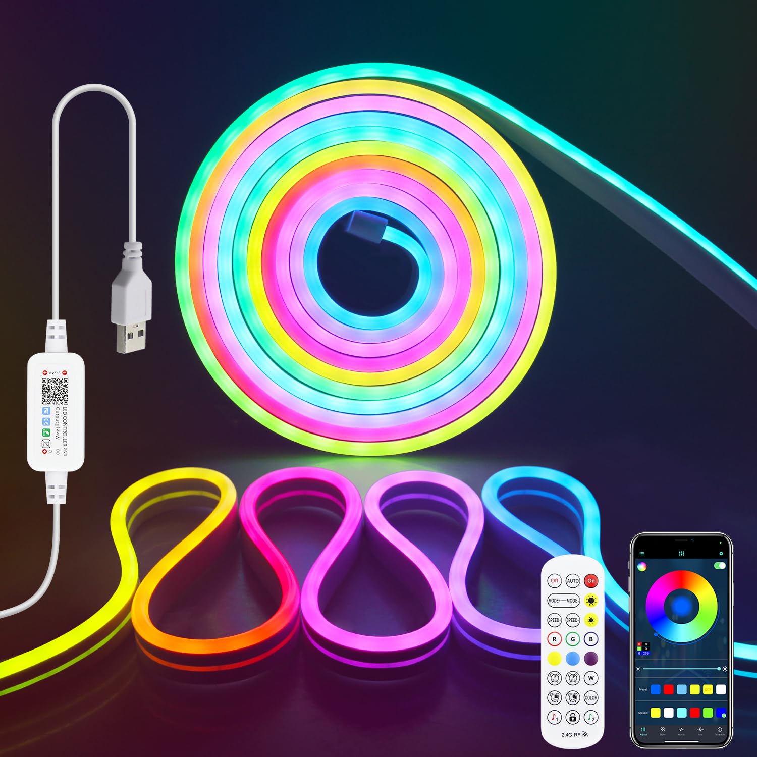 Aclorol 4M 5V Neon LED Streifen Musik Sync mit App-steuerung IP65 Wasserdicht USB RGB+IC Neon LED Streifen Seil Flexibel für Gaming Party Schlafzimmer Garten DIY Wanddekoration Indirekte Beleuchtung