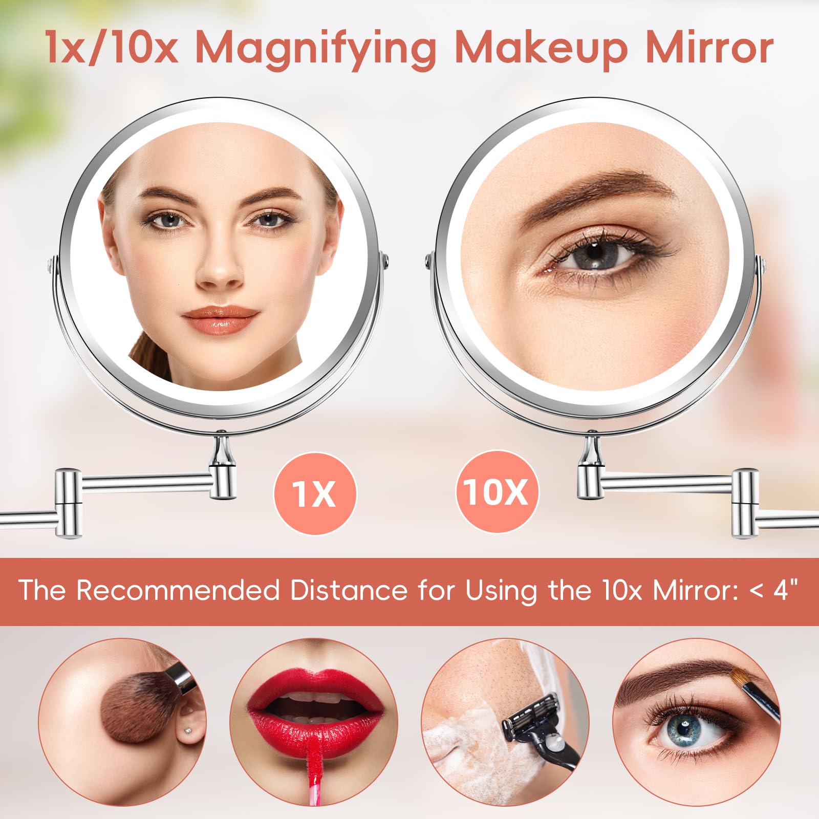 Specchio da trucco da parete da 20,3 cm, specchio cosmetico con ingrandimento 1x/10x, con luci, LED ricaricabile a 3 colori, luminosità regolabile, specchio da bagno con interruttore touch,