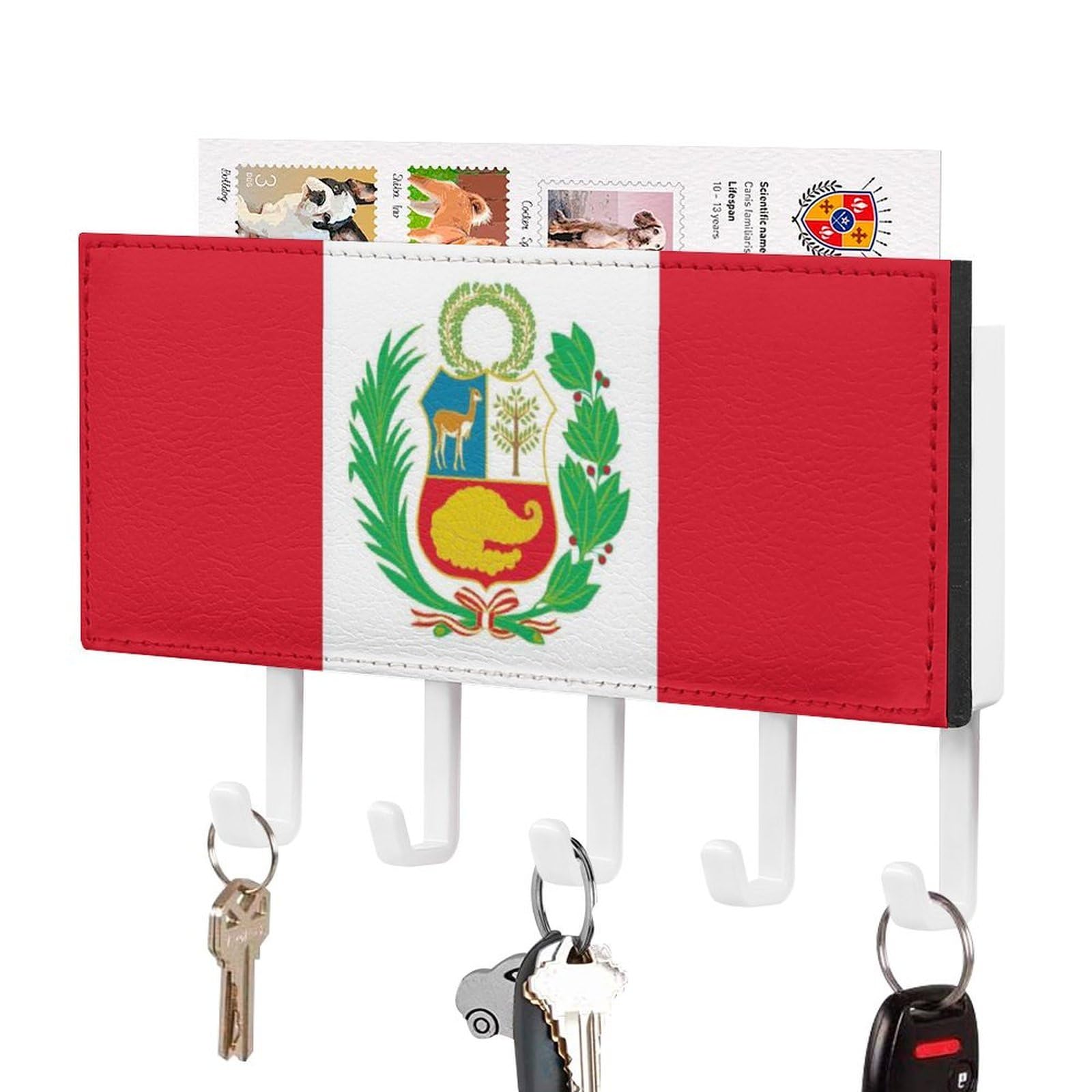 NCLQVJXZKHW Peru Flag Key Holder with 5 Hooks Key Hooks Wall Mounted Key Racks Key Hanger Organiser Shelf