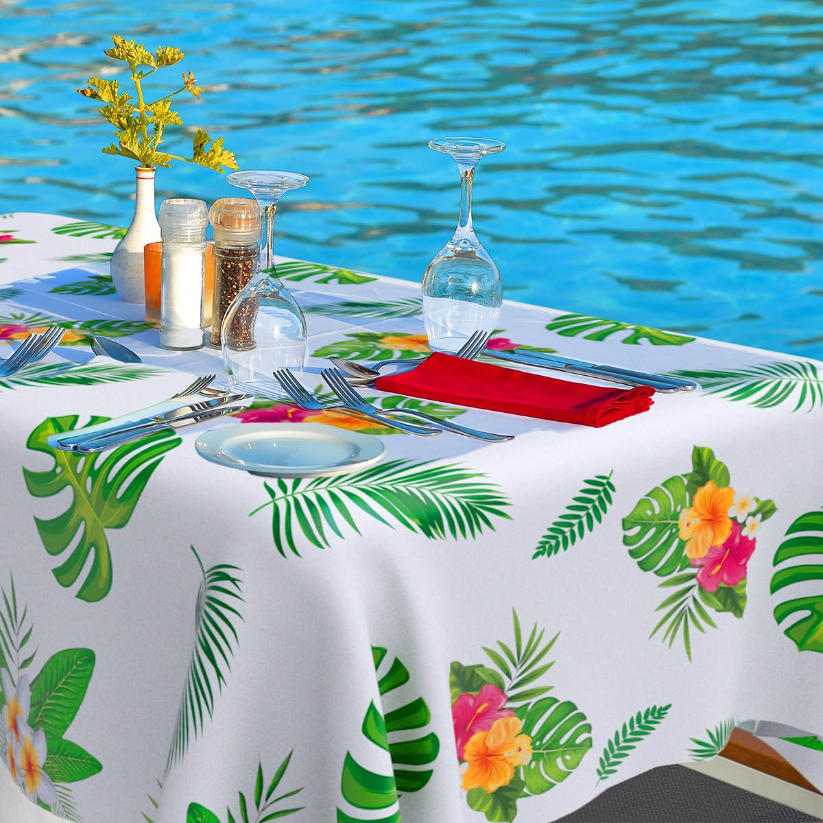 6 Pack Hawaiian Luau Tablecloths - Disposable Plastic Palm Leaves Design, 51x86 Inches, Tropical Party Decor