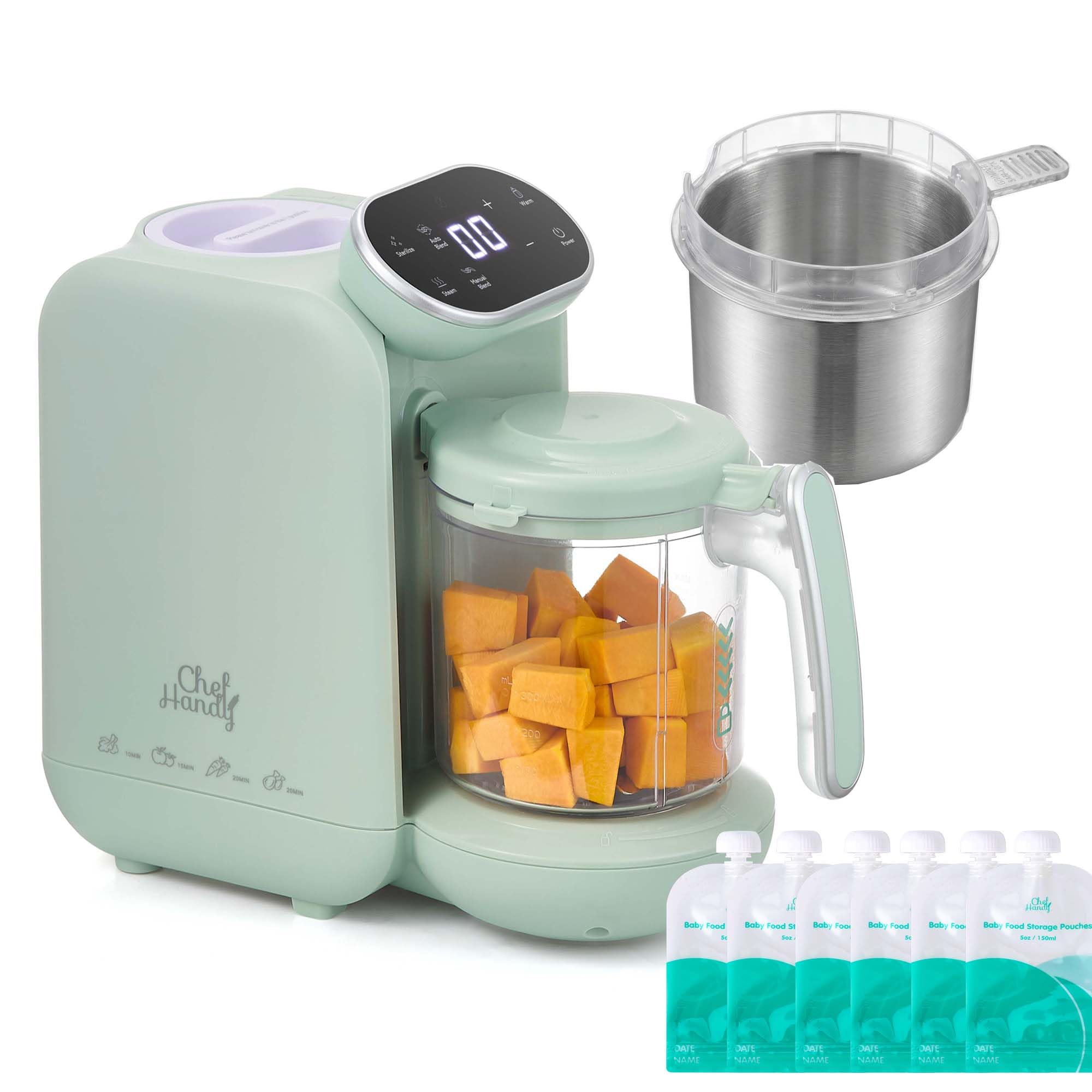 Chefhandy 5-in-1 Baby Food Processor with Blender, Green | Food Robot for Babies with Stainless Steel Steam Basket, Bottle Warmer, 6 Reusable Bags and Recipe Book