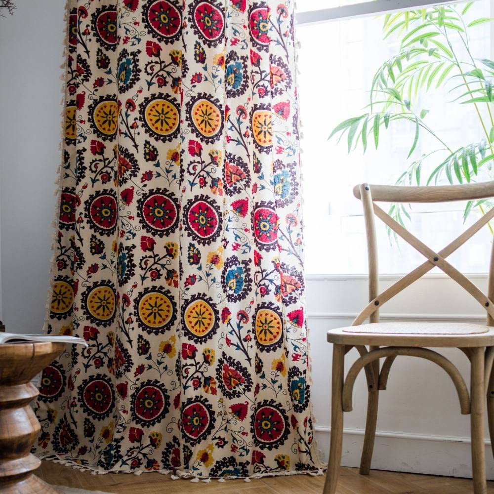 Zasłony do salonu, zasłony zaciemniające Boho 2 panele egzotyczne kolorowe mandala z nadrukiem kwiatowym frędzle bawełniana pościel zaciemniająca (2x szer. 59xdł. 63 cale
