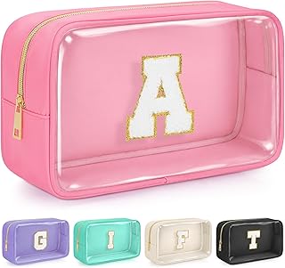 Initial Clear Makeup Bag, Birthday Gift Chenille Patch Cosmetic Bag | Initial Travel Essentials Preppy Beach Bag Toiletry Pouch, Ideal Gift for Teachers & Moms, Women and Girls(Pink, A)