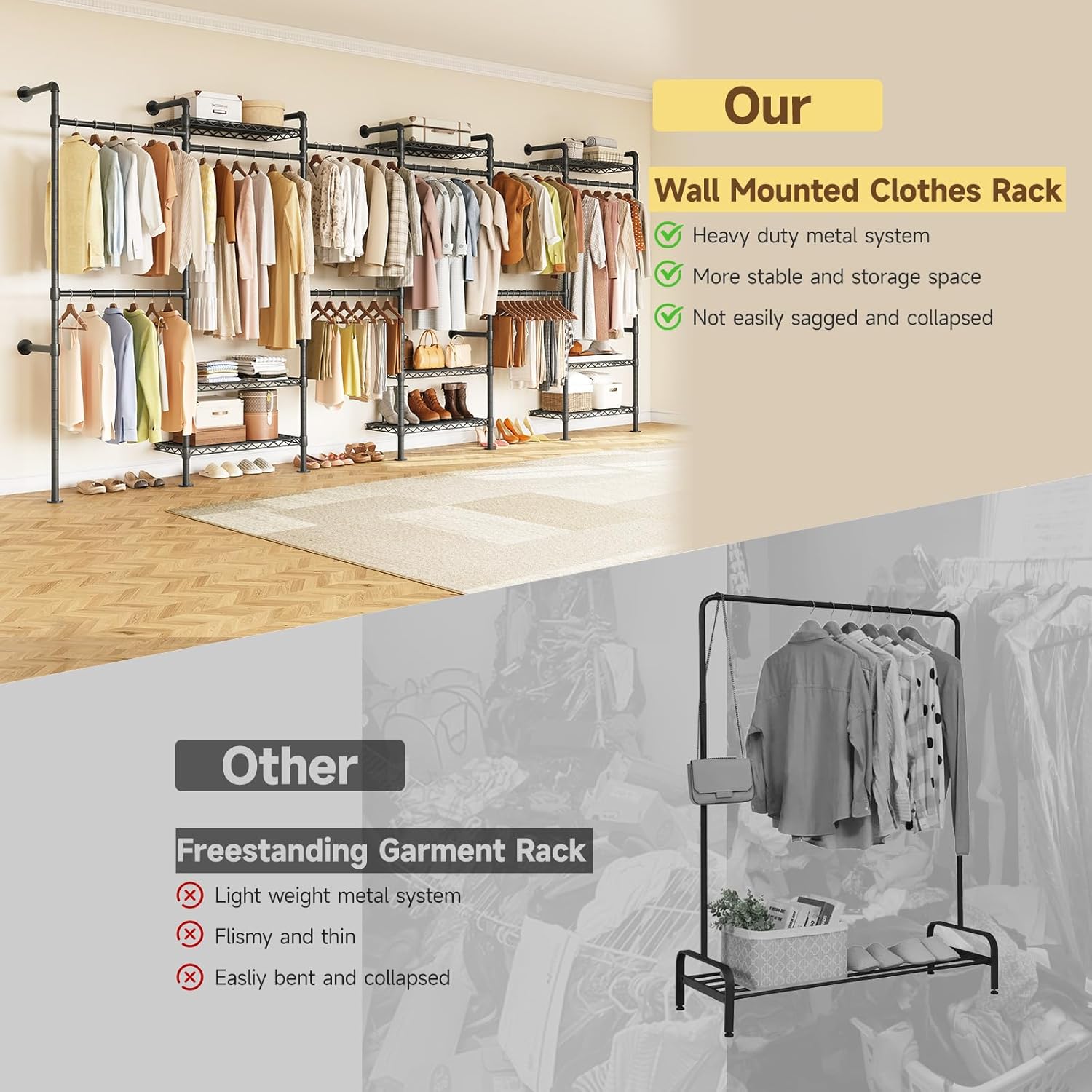 H6 Wall Mounted Closet System, Industrial Pipe Clothes Rack Clothing Racks with 6 Telescopic Rods & 3 Fixing Rods & 9 Shelves, Heavy Duty Closet Organizers and Storage in Wardrobe Closet (Black)