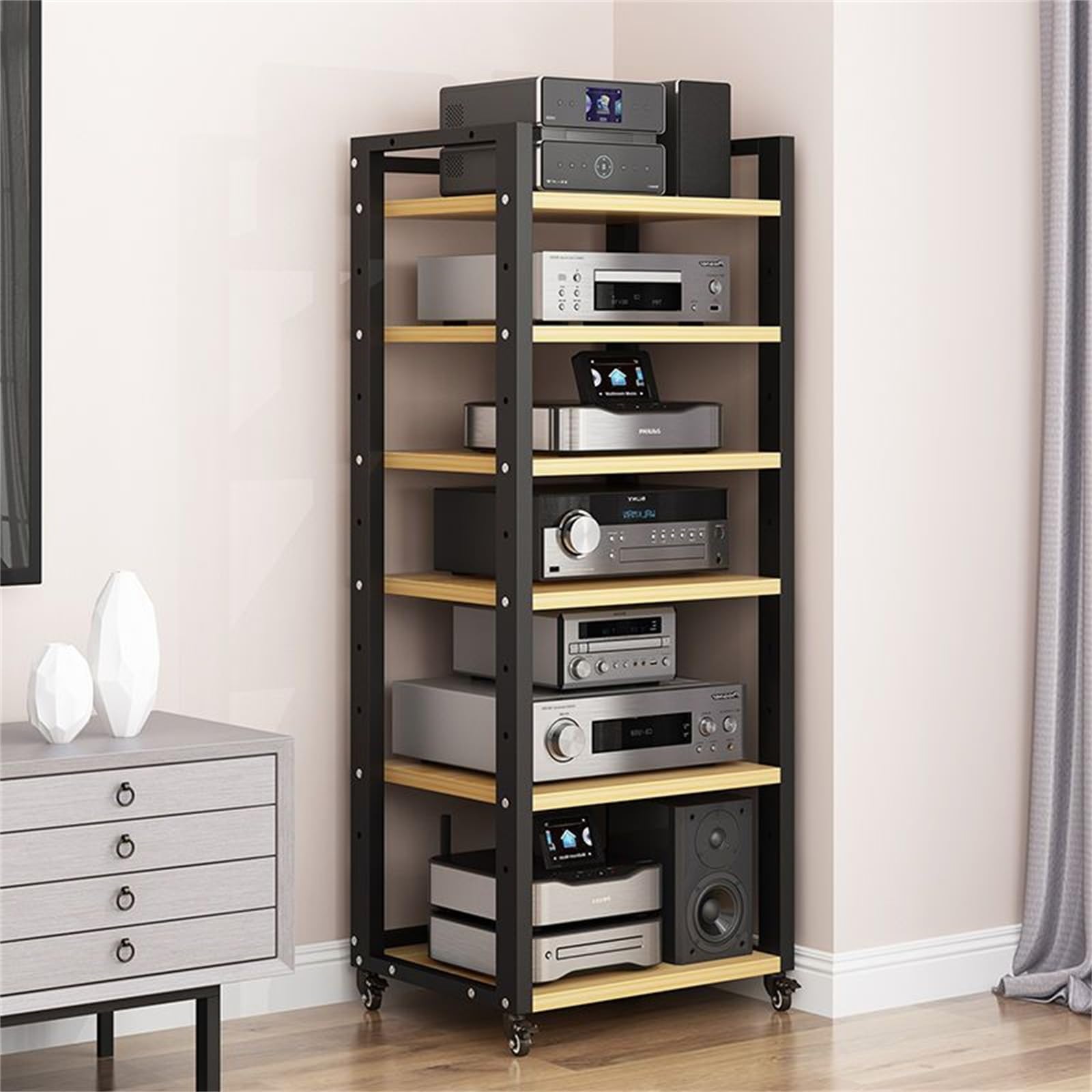 Support AV réglable de 5/6/7/8 niveaux – Lecteur de disque mobile et rack DVD/CD, étagère de console naturelle pour la maison, le bureau et le théâtre, peut contenir du matériel audio, 60 cm de large