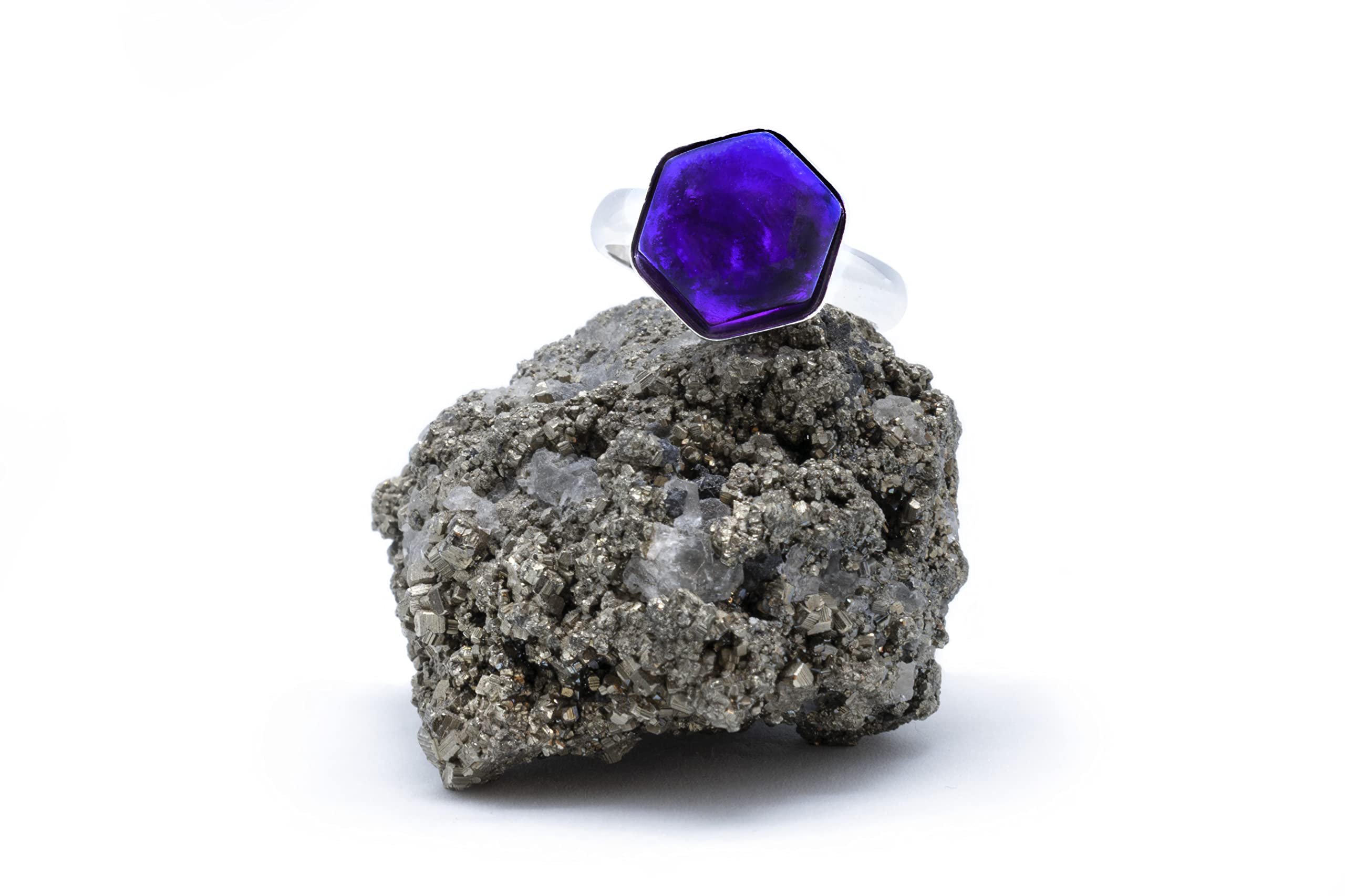 Anillo de Plata 925 con Amatista (Piedra Natural) 10mm Hexágono - Disponible Anillo Ajustable, Tamaño de XS a XXXL, para Hombre, para Mujer - Caja Regalo Gratis