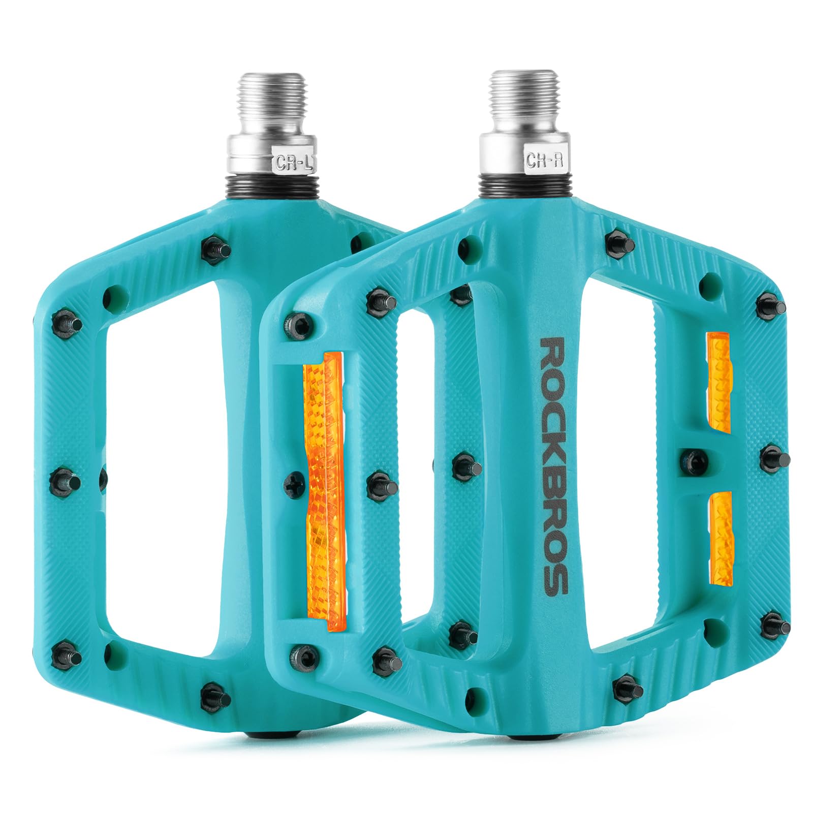 ROCKBROS Flat Pedals, Non-Slip Bicycle Pedals with Iron Pins Reflector Strips, Lightweight Nylon and 11.5 cm Width for Mountain Bike, E-Bike, Gravel