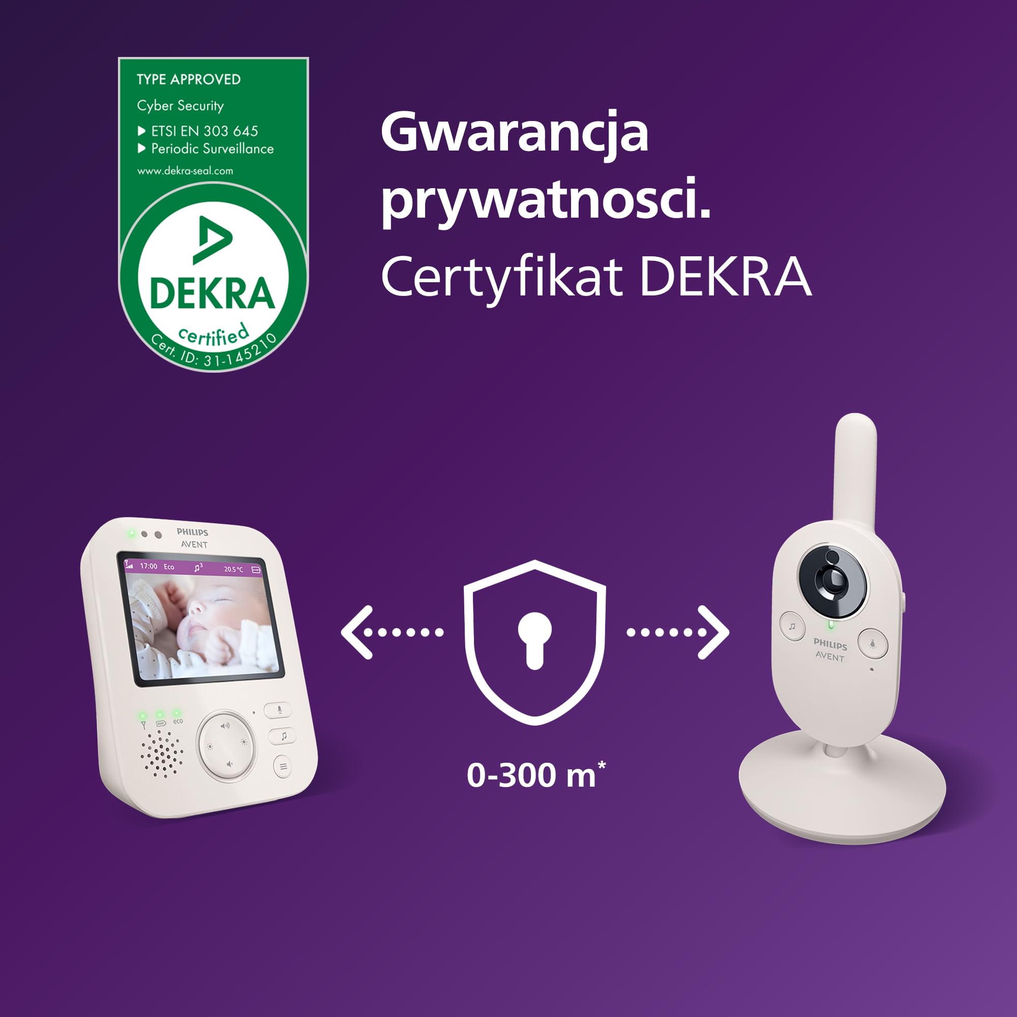 Niania Video Philips Avent Premium z obrazem i dźwiękiem, Certyfikat DEKRA, biała, wyświetlacz 3,5″, 4x powiększenie, tryb noktowizyjny, 2-kierunkowy dźwięk, kołysanki, temperatura, SCD891/26