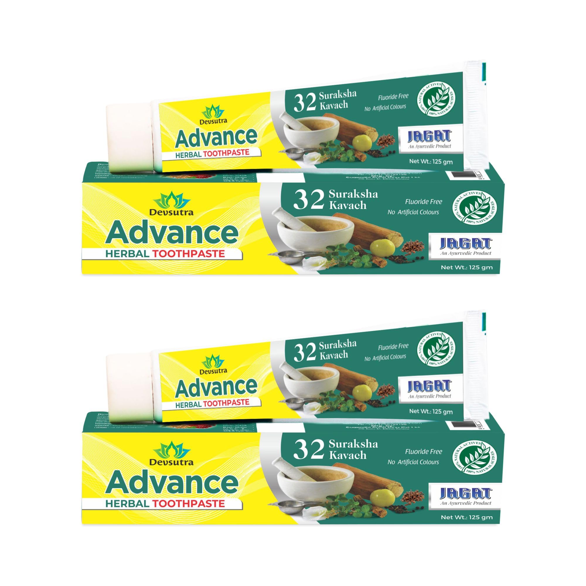 Jagat Devsutra Dr. Trusted Ayurvedic Herbal Advanced Toothpaste for Teeth Whitening - 100% Natural Formula with 32 Ayurvedic Herbs, No Fluoride & Artificial Colours - Pack of 2 (125g x 2)