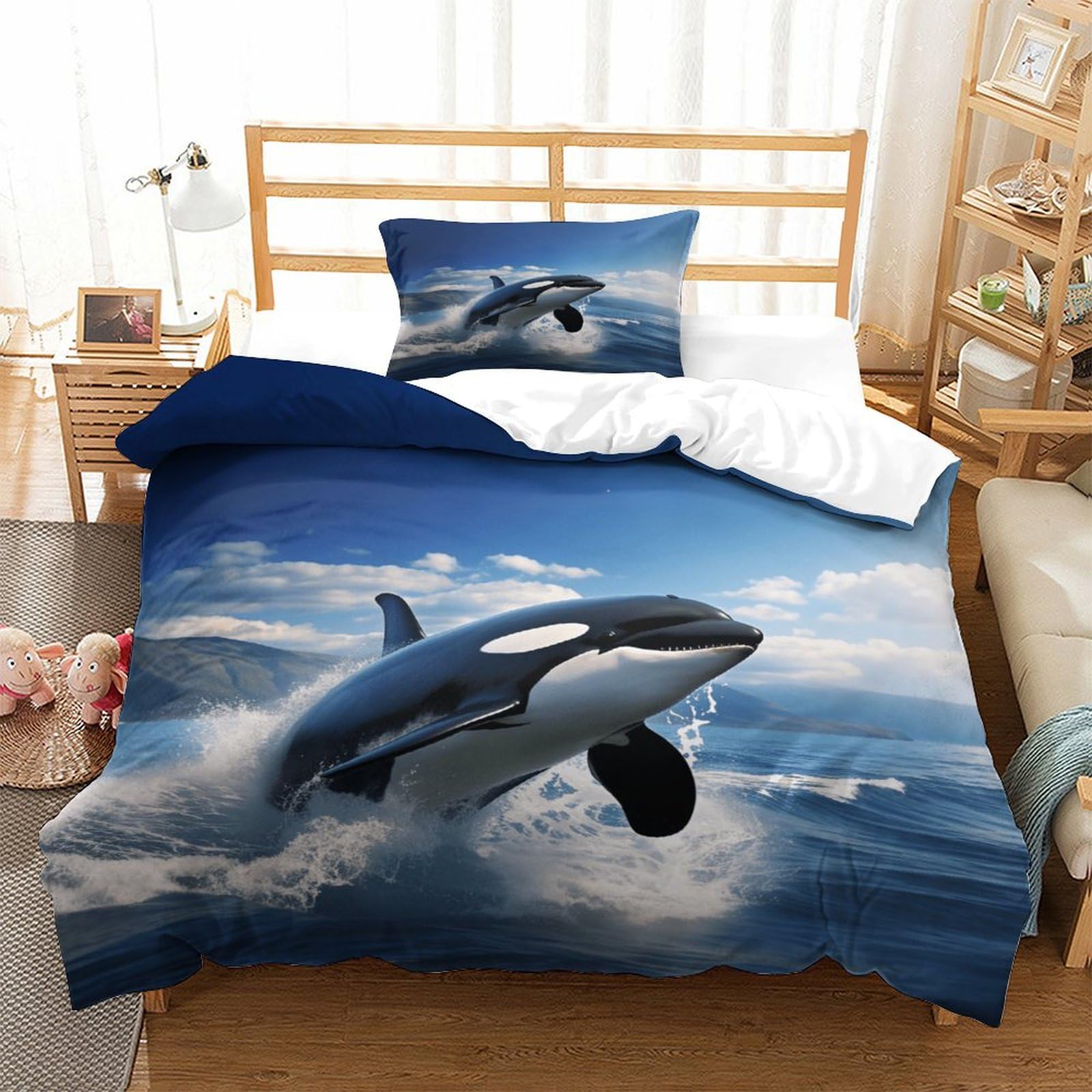 Xiaopangxy Boys Killer Whale Warmth Duvet Cover Set Hidden Zipper Quilt Cover Set With Pillowcases Bedding Set Soft Microfiber Orca Comforter Cover For Kids & Adults Single（135X200cm）
