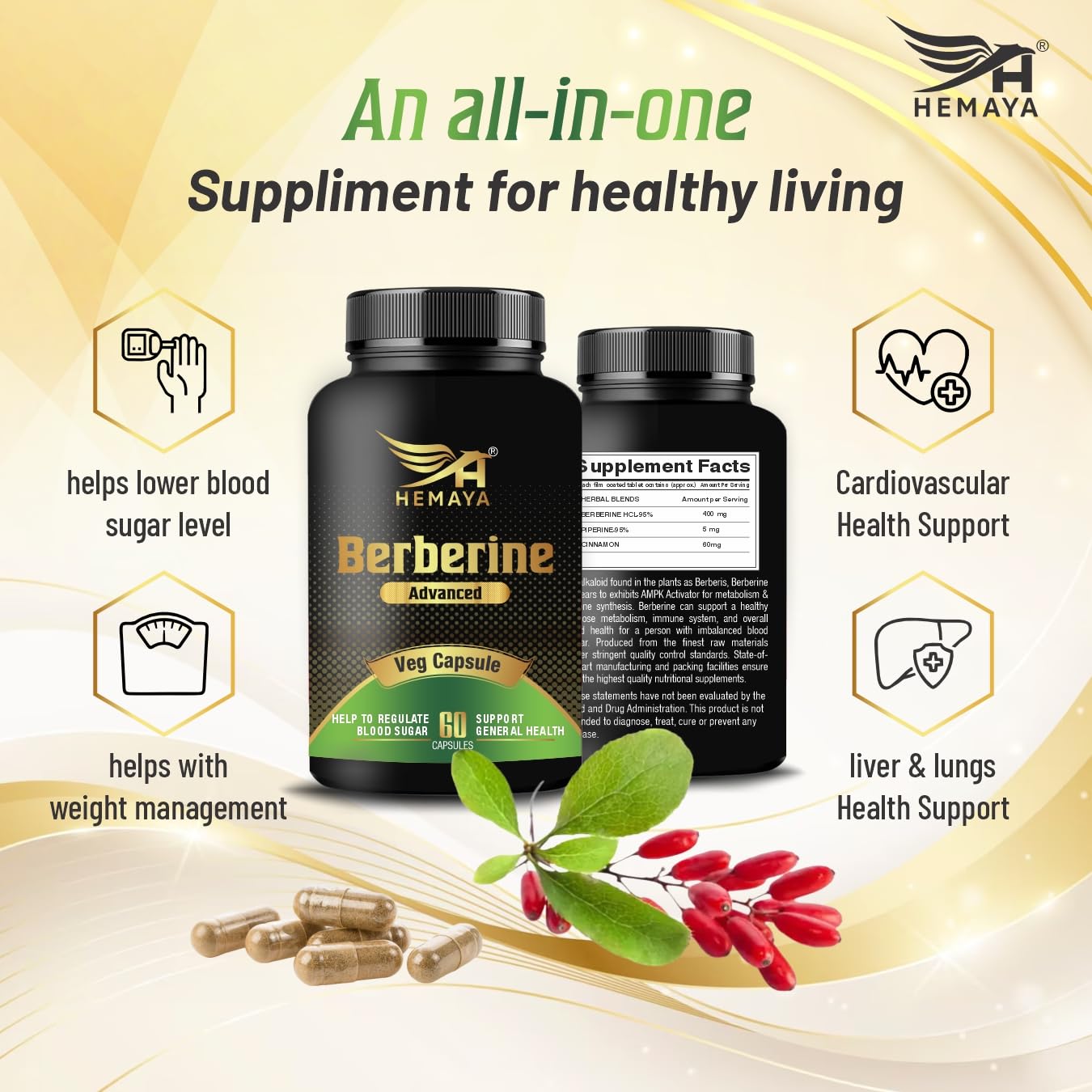 HEMAYA Berberine Supplement HCL 95% Highly Purified - 500MG Per Serving Veggie Capsules | With Piperine & Cinnamon | For Optimal Health- 60 Capsule (Pack of 1) HEMAYA Berberine Supplement HCL 95% Highly Purified - 500MG Per Serving Veggie Capsules | With Piperine & Cinnamon | For Optimal Health- 60 Capsule (Pack of 1)