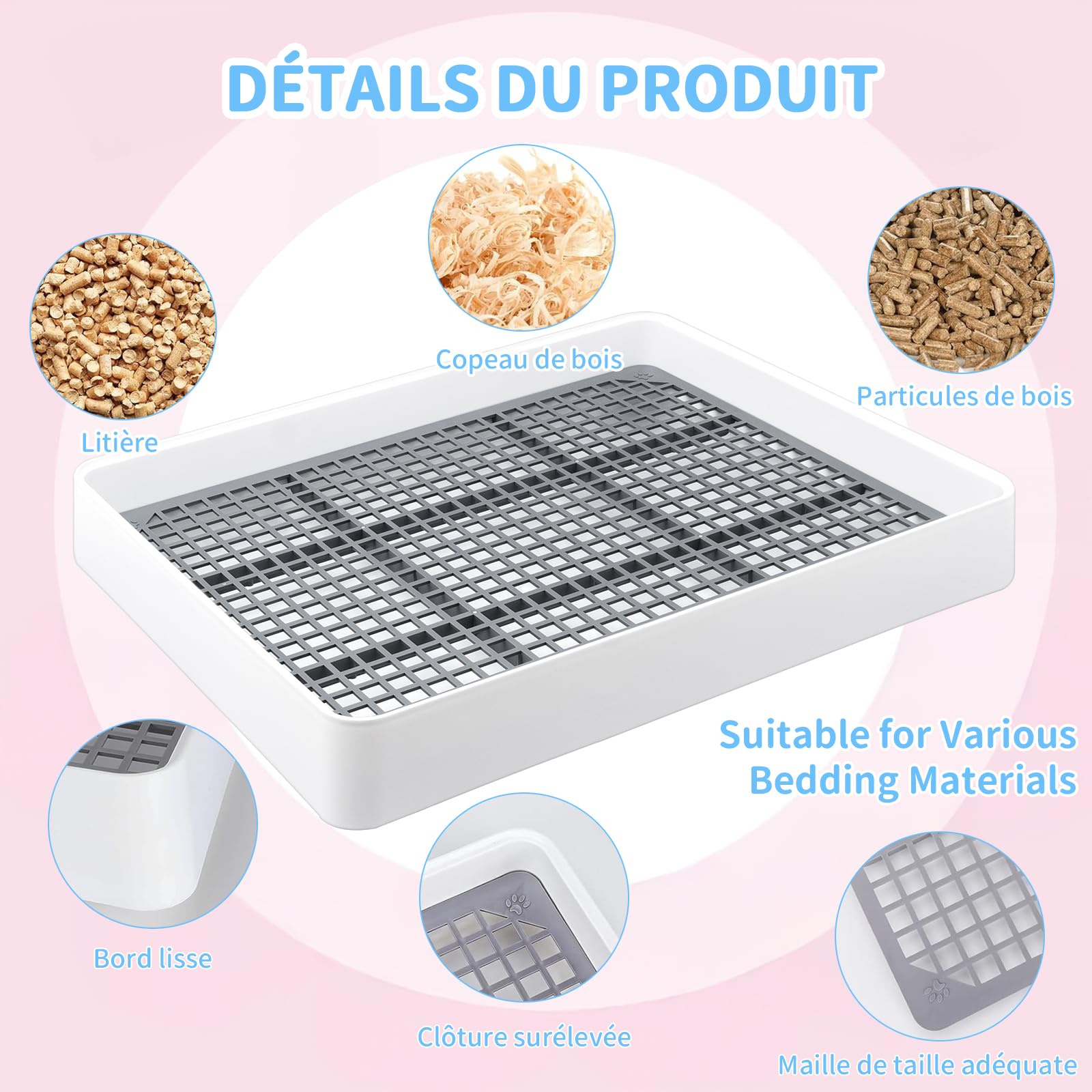 Lot de 2 Grands Bacs à Litière avec Grille, 38,3 x 30,9 x 6,5 cm | Avec 20 Couvertures Douces, Toilettes Faciles à Nettoyer pour Lapins, Cochons d'Inde, Chatons et Petits Animaux