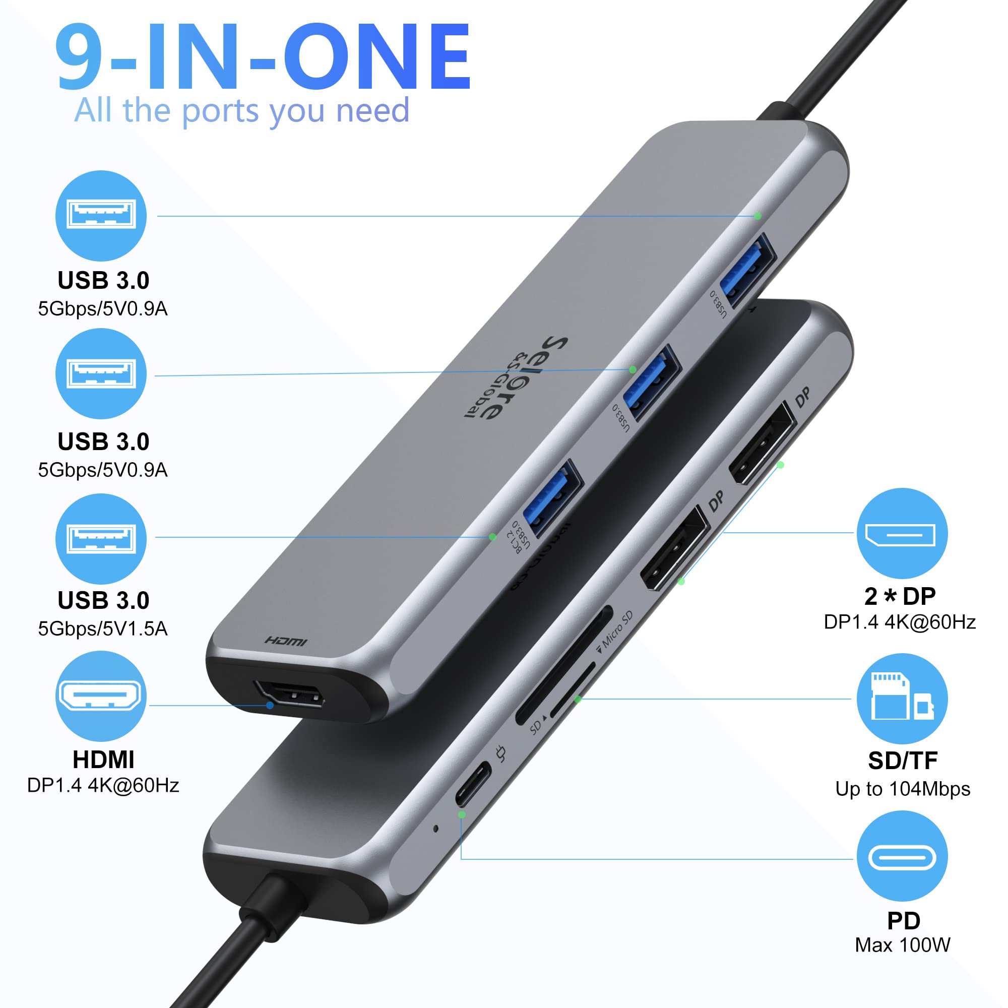 Stacja dokująca USB-C Dual DisplayPort, 9 w 1, stacja dokująca do laptopa, podwójny monitor z 2 DP, HDMI, 100 W PD, 3 x USB 3.0, czytnik kart SD i TF, koncentrator USB C do MacBooków/Dell