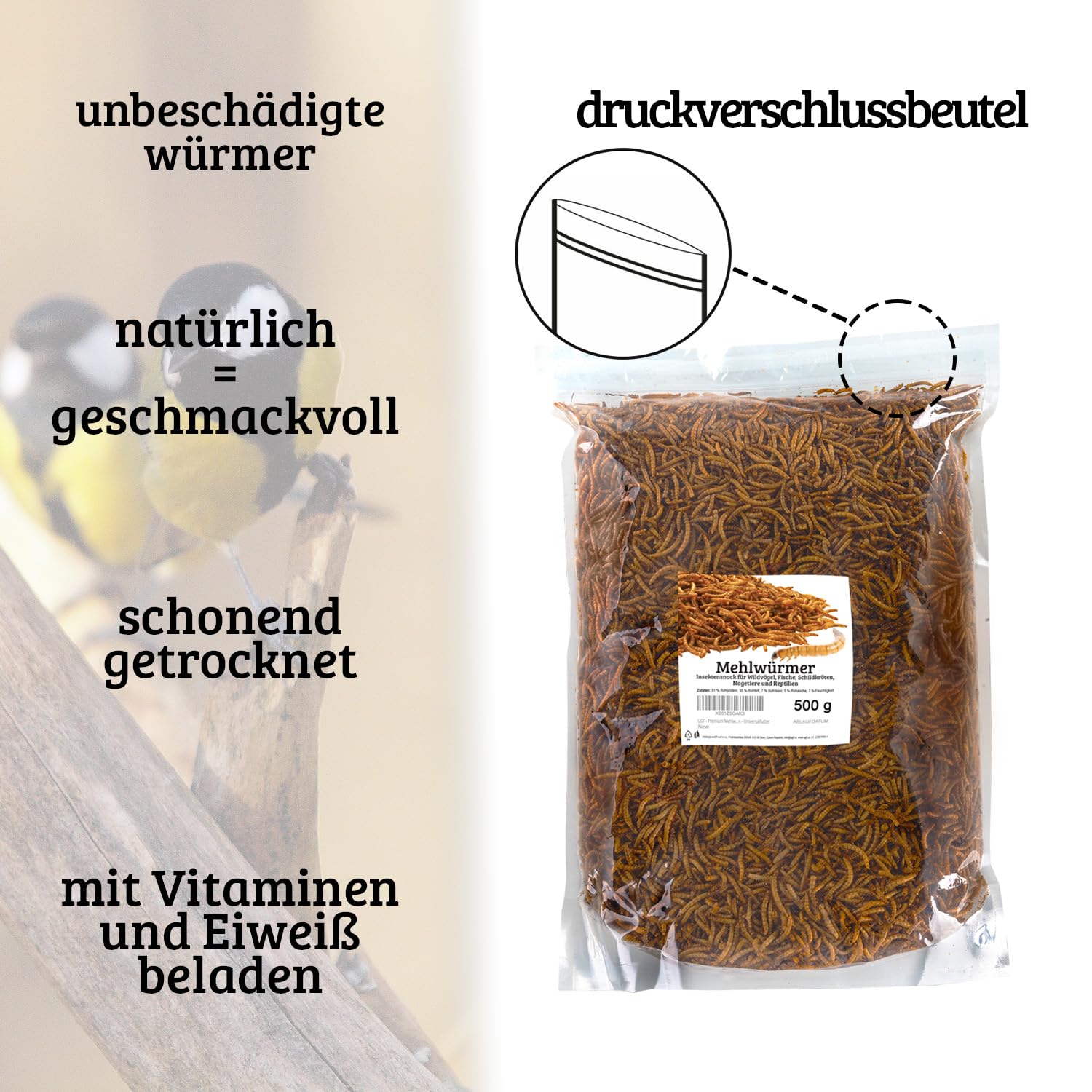 UGF - Premium Mehlwürmer 500g, Druckverschlussbeutel, Insektensnack für Vögel, Hamster, Igel, Nagetiere, Eidechsen, Schildkröten - Universalfutter