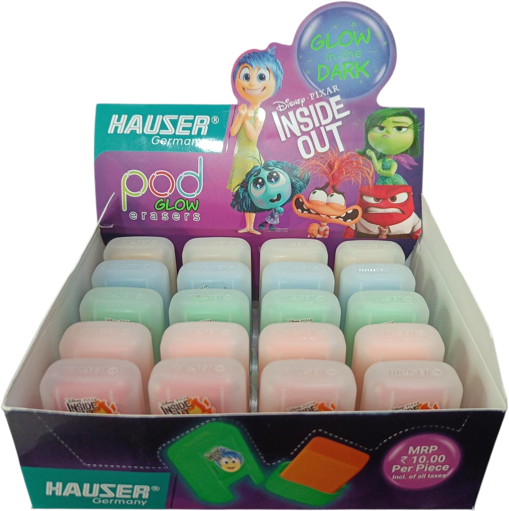 Pod Glow in The Dark Erasers with Disney Pixar Inside Out Theme, Multicolour, 20 Count, Combo with Vesta Ball Pen