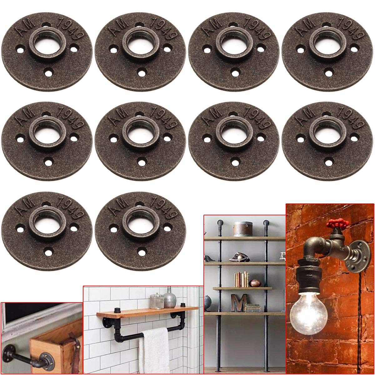 10Pcs 3/4 Pulgadas Tubo De Montaje De Brida De Piso De Hierro Maleable Negro Npt Asiento De Brida De Pared Antigua