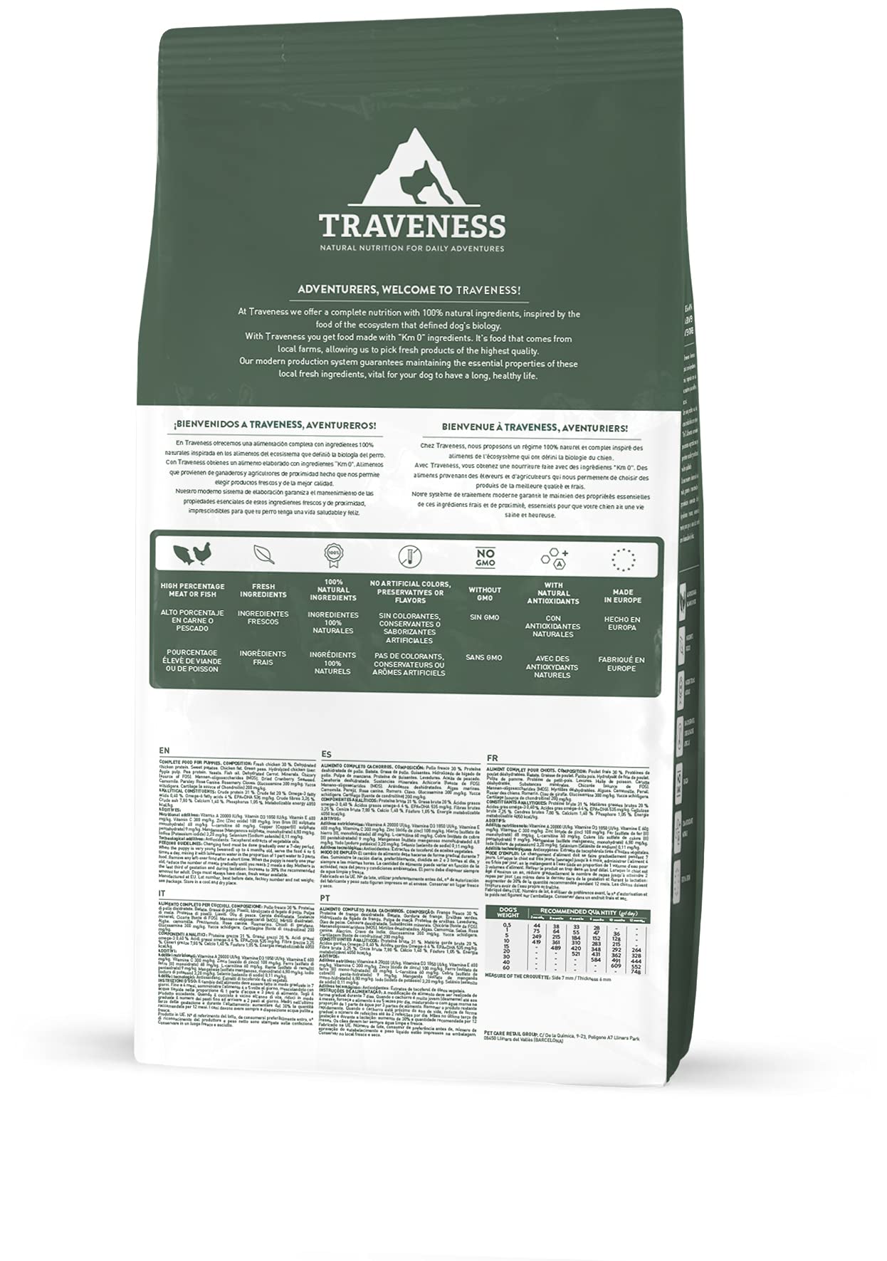 TRAVENESS Natural Nutrition - Pienso Grain Free para Cachorros | Pollo Fresco 65% | Crecimiento Saludable | Huesos y Dientes Fuertes | Soporte Articulaciones | Sin Cereales (12 Kg.)
