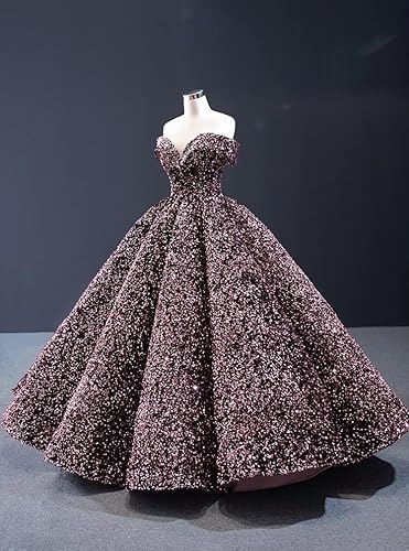 Miniatura 6 de Mollybridal Vestido de fiesta de quinceañera con lentejuelas con purpurina y cuello en V y hombros descubiertos, vestido formal de graduación 2025