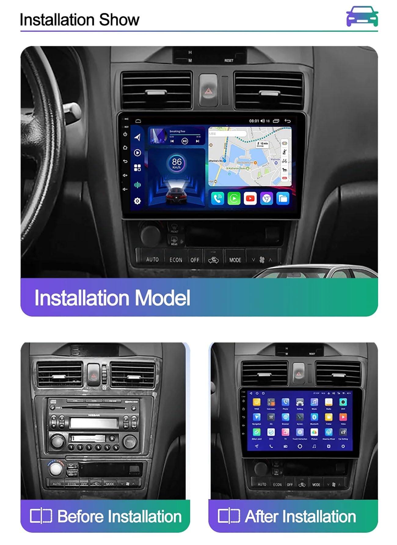 Nawigacja GPS z systemem Android 14 Navi do Nissan Cefiro A33 1998-2003 9-calowy ekran dotykowy stereo z bezprzewodową funkcją Bluetooth WiFi DSP USB Link Lustro Kamera cofania (T1 8Core 8+128G)
